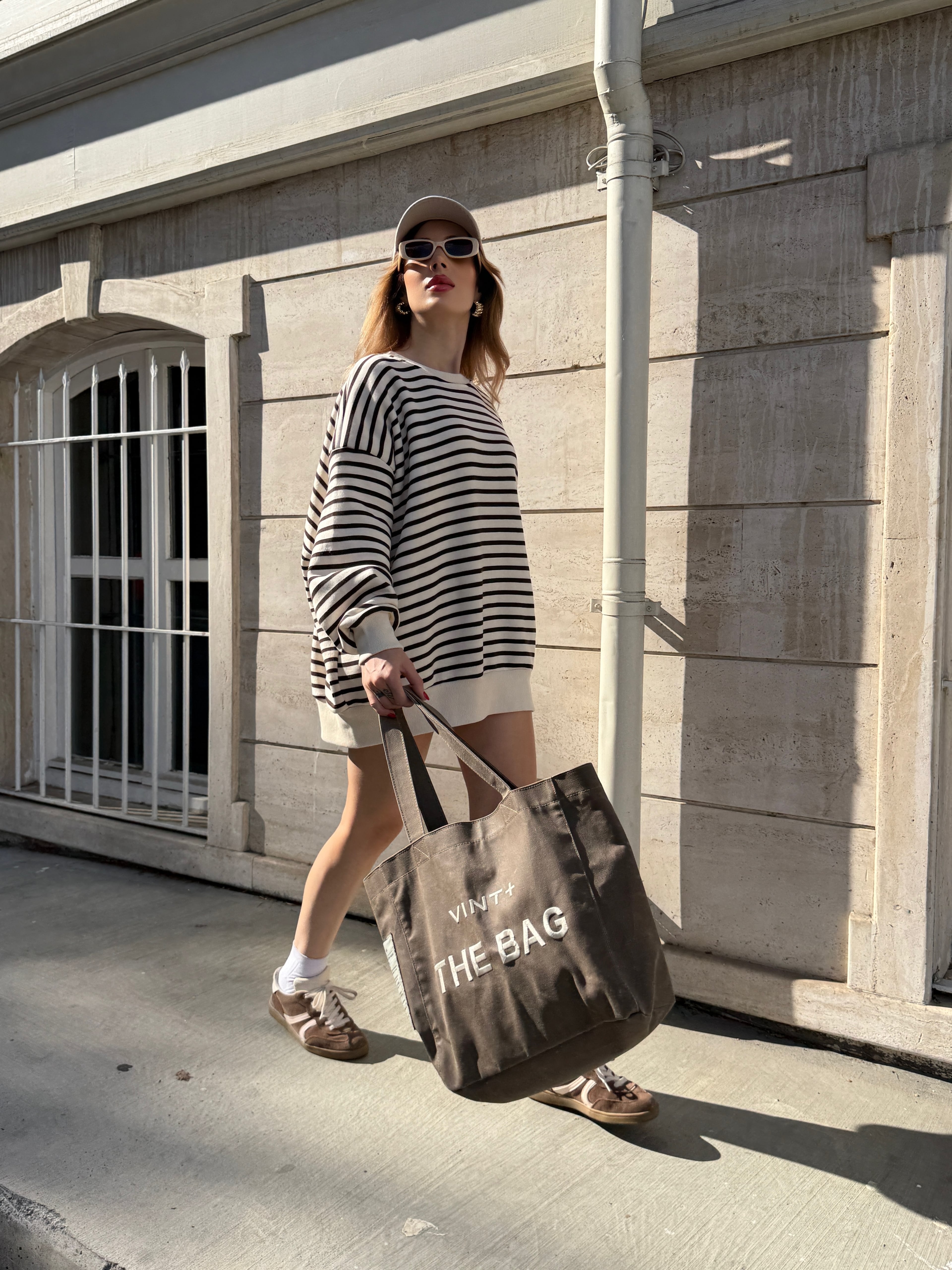 Çizgili Oversize  Şardonlu Sweat  - Kahverengi