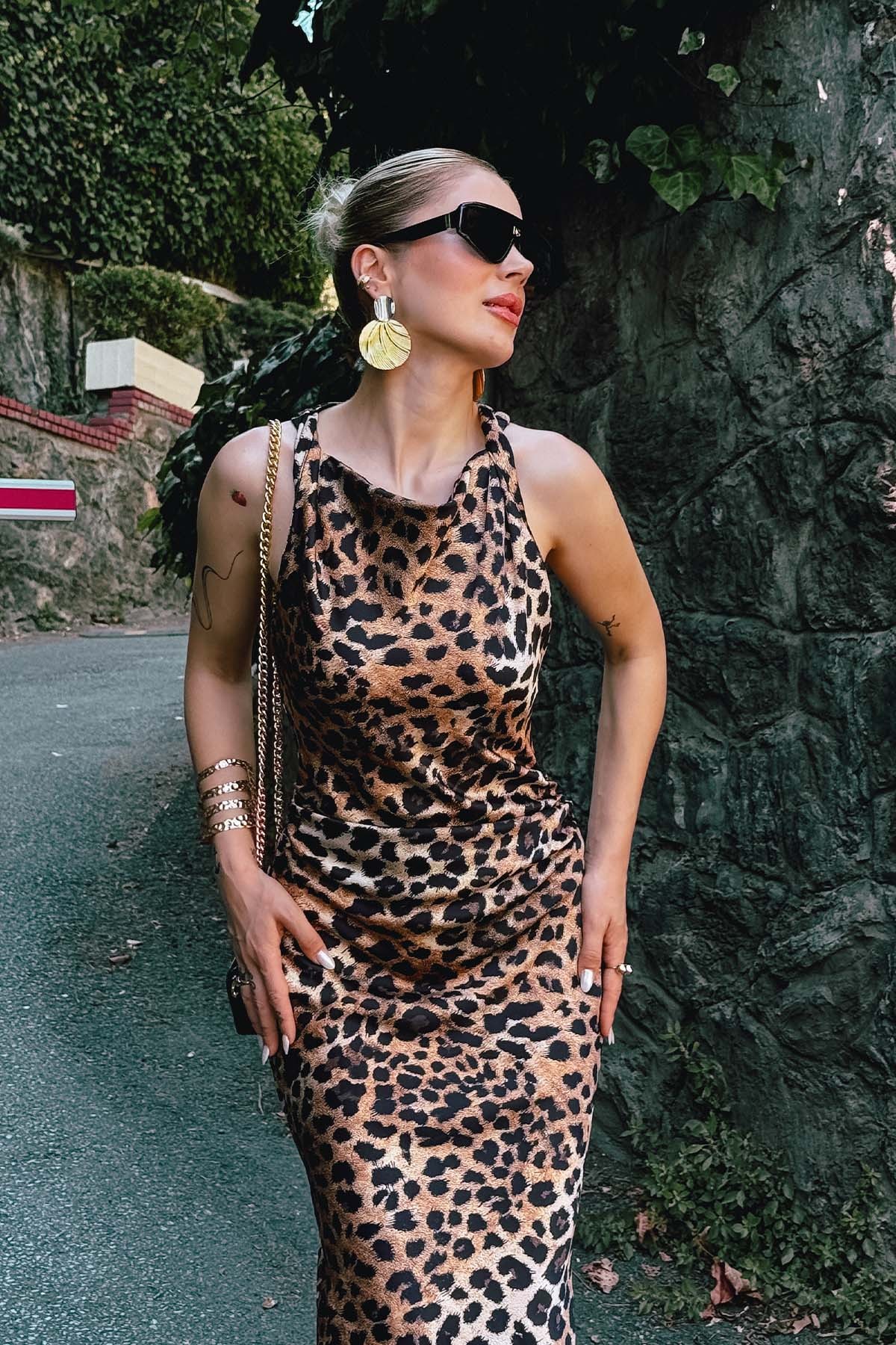 Saten Leopar Elbise