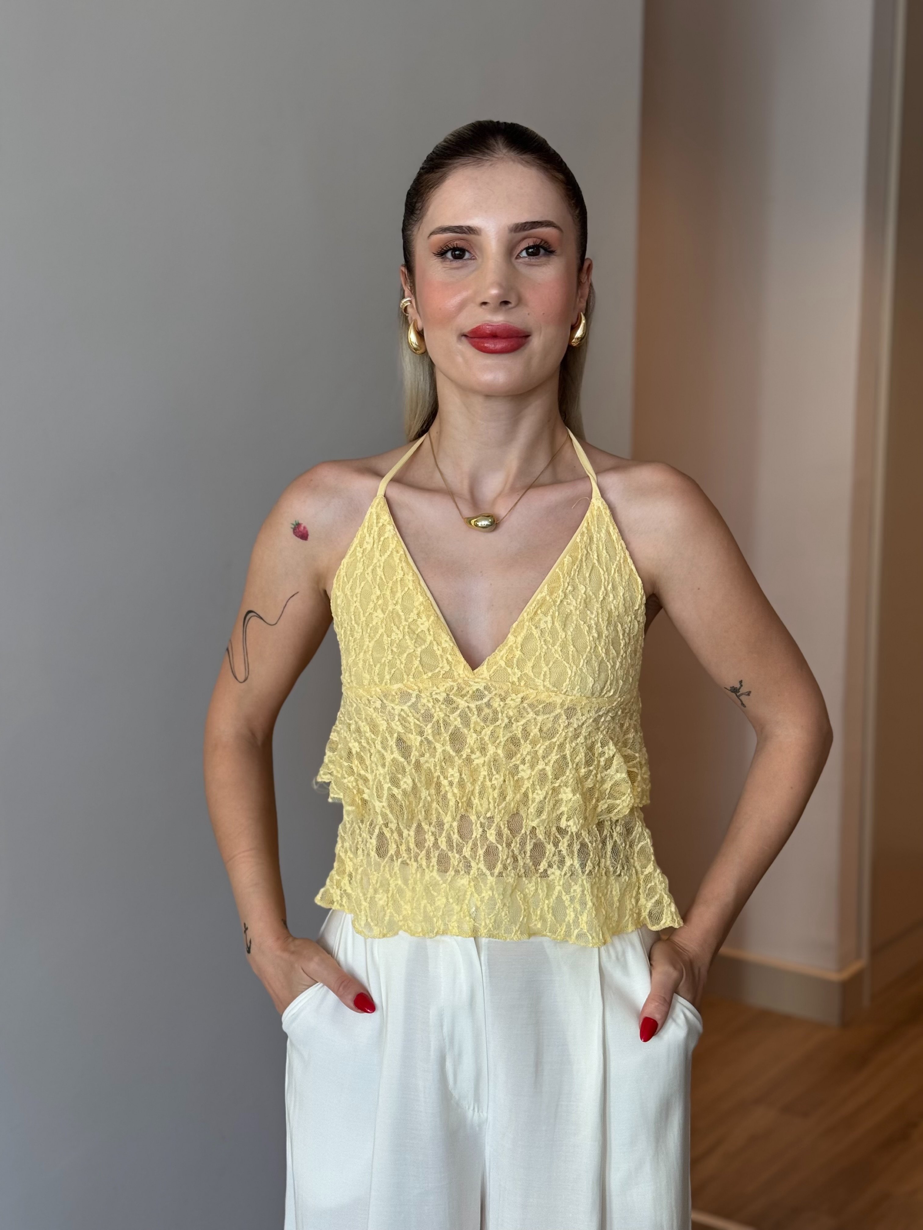 Dantelli Bağlamalı Crop - sarı