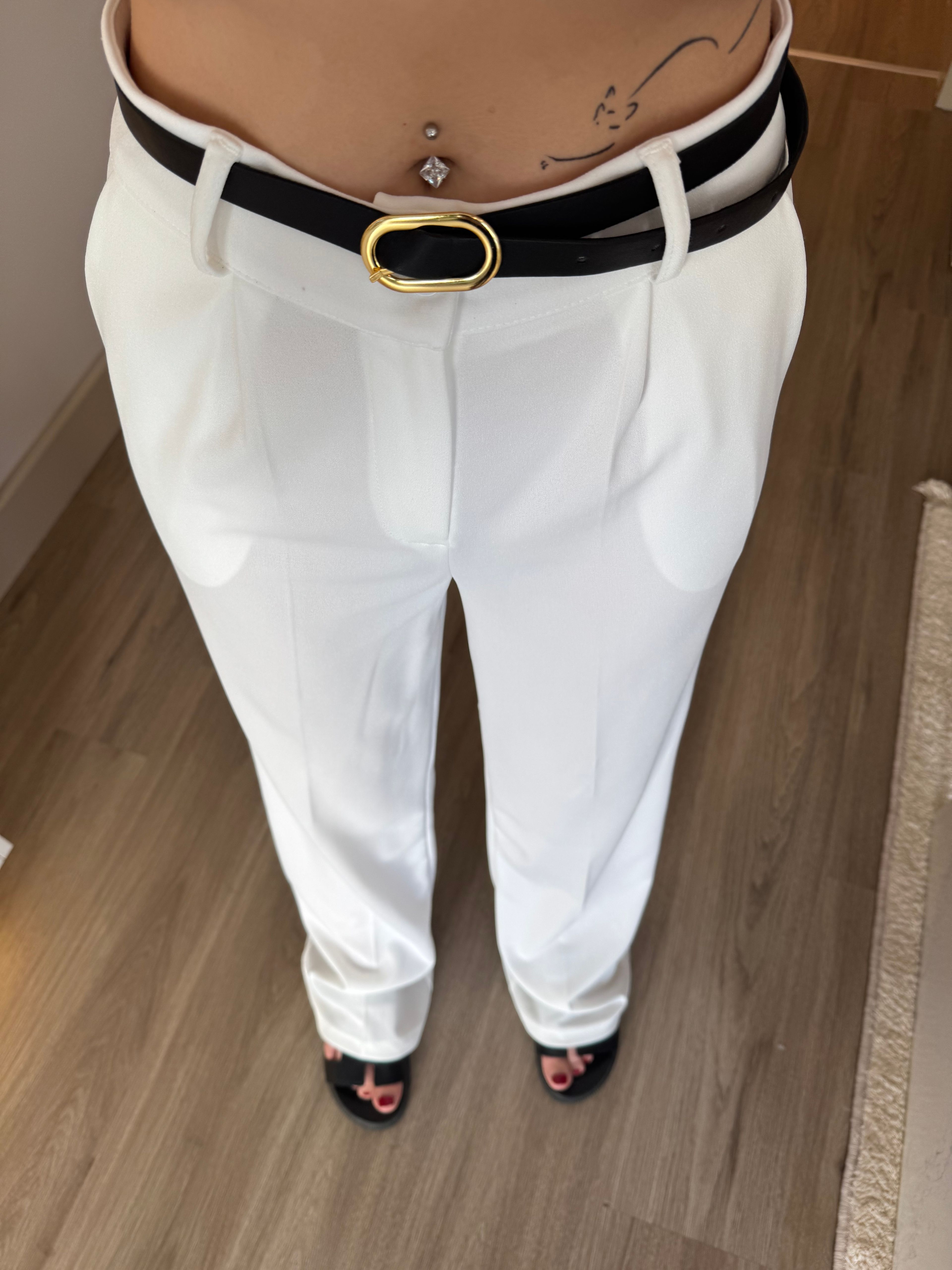 Kemerli Kumaş Pantalon - Beyaz
