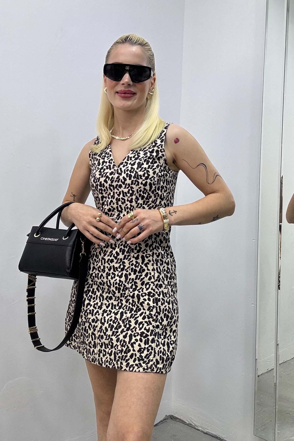 V Yaka  Mini Leopar Elbise