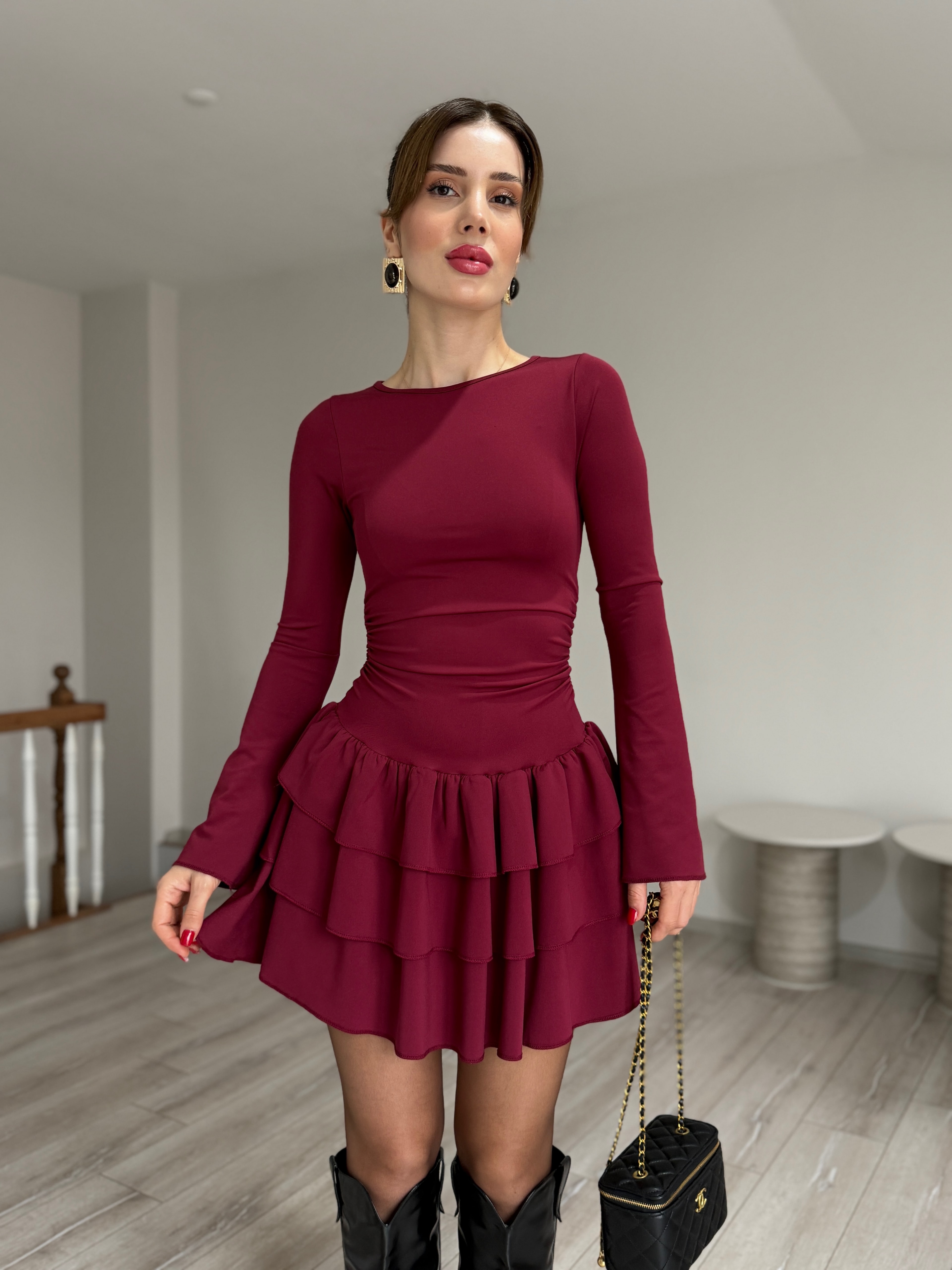 Fırfırlı Eteği Kat Detaylı Mini Elbise - Bordo