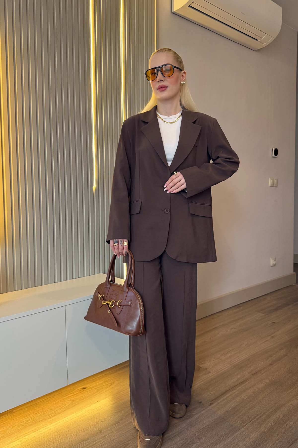Oversize Ceket Pantolon Takım  - Kahverengi