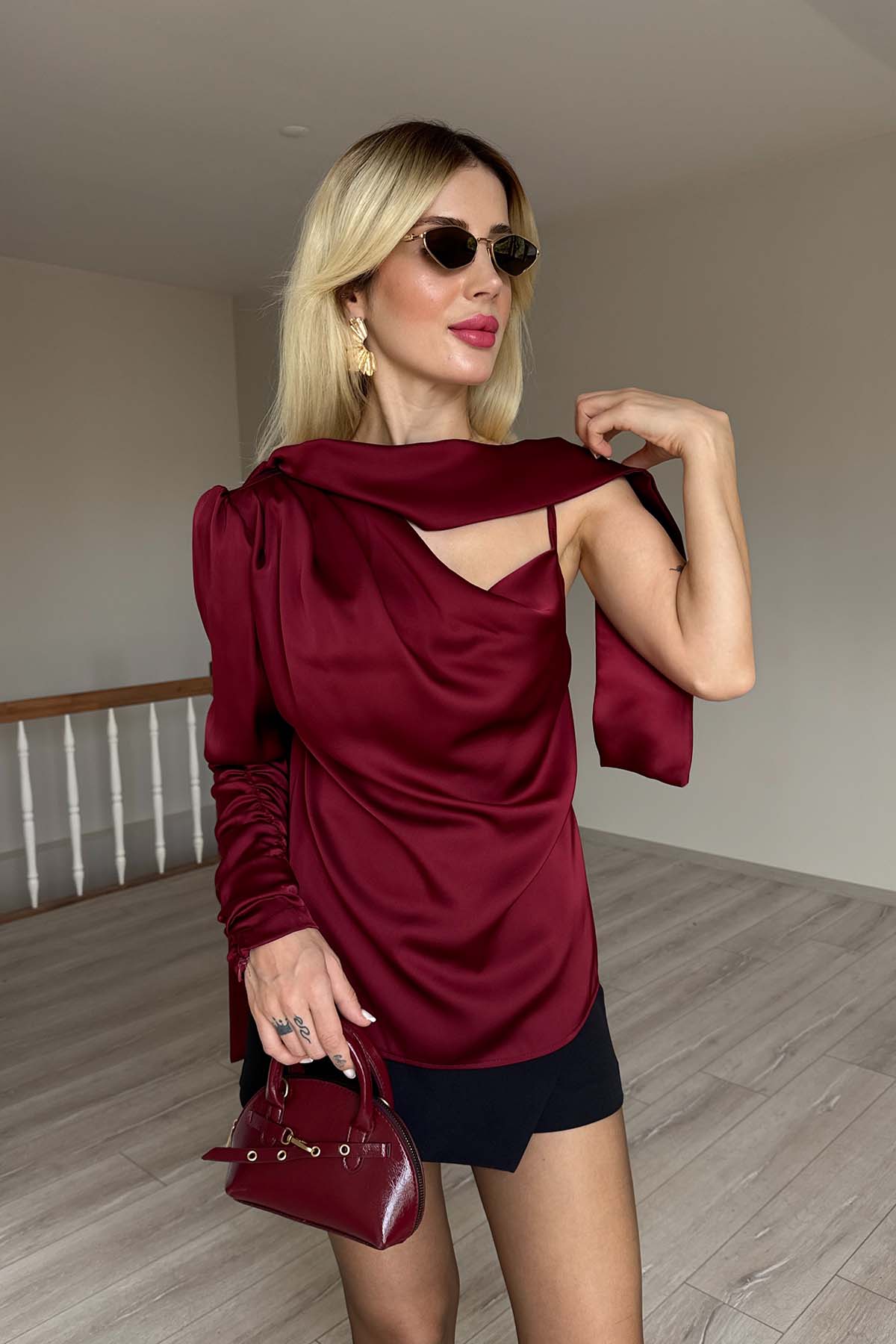 Saten Tek Kollu Şal Yaka Bluz - Bordo