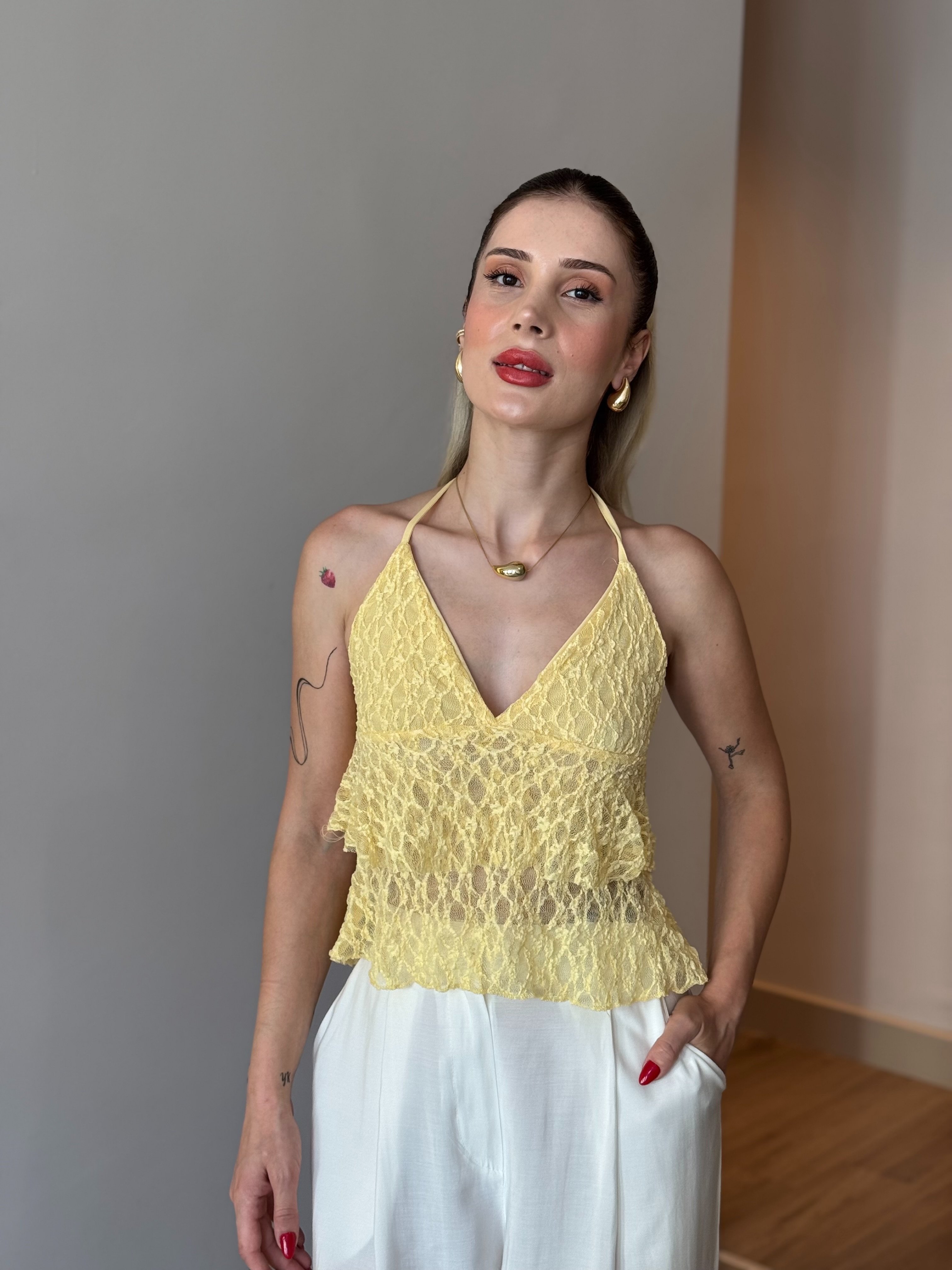 Dantelli Bağlamalı Crop - sarı