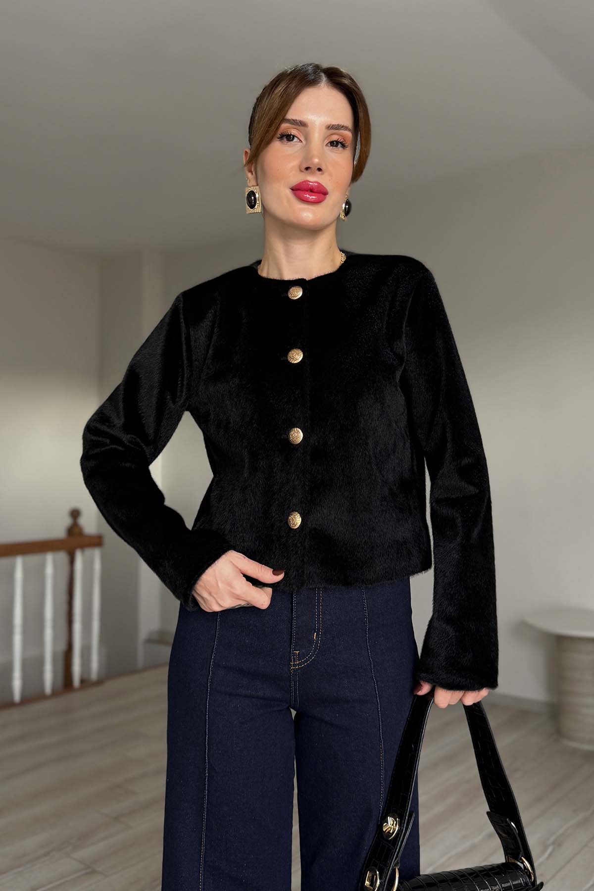 Düğmeli Angora Ceket - Siyah