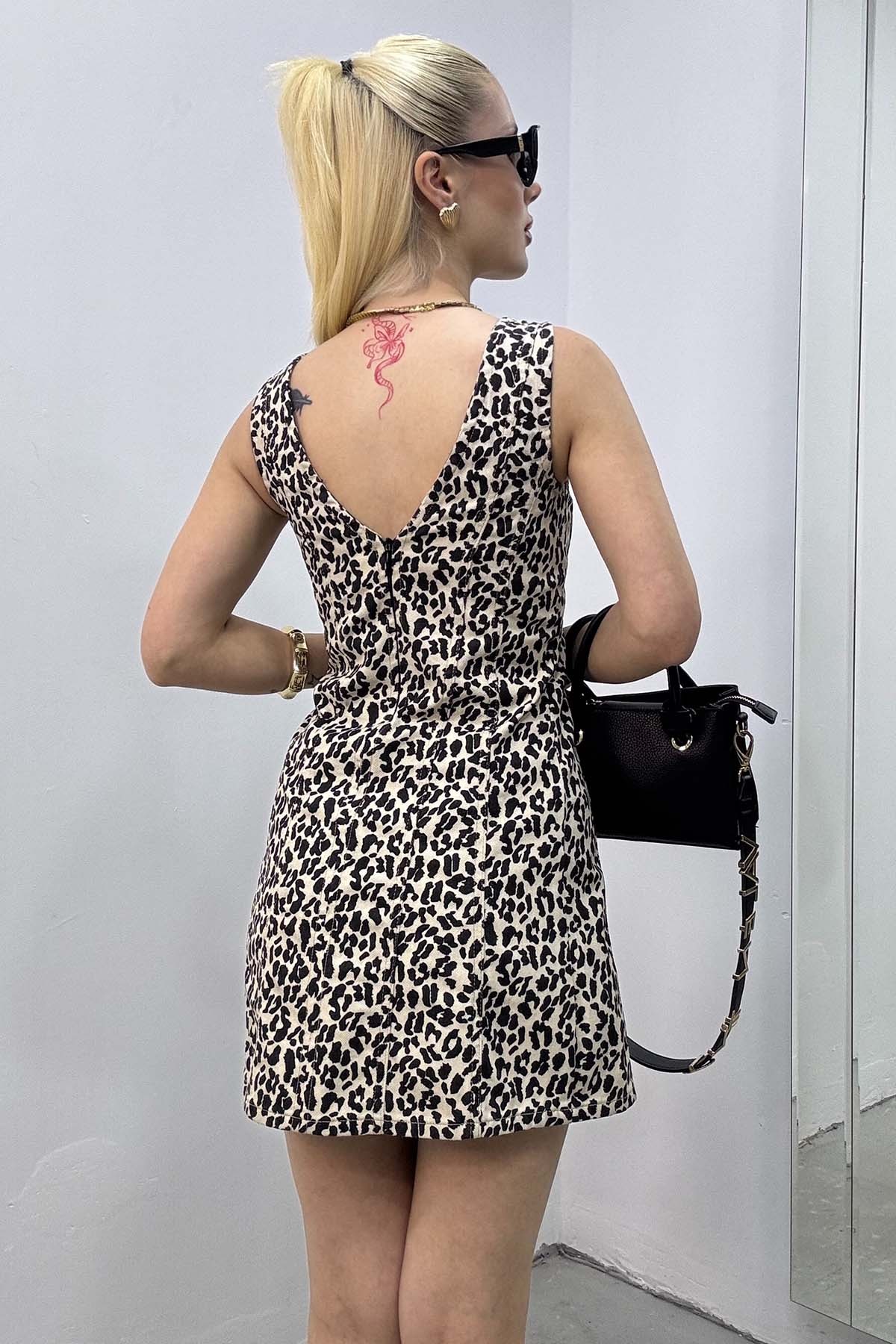V Yaka  Mini Leopar Elbise