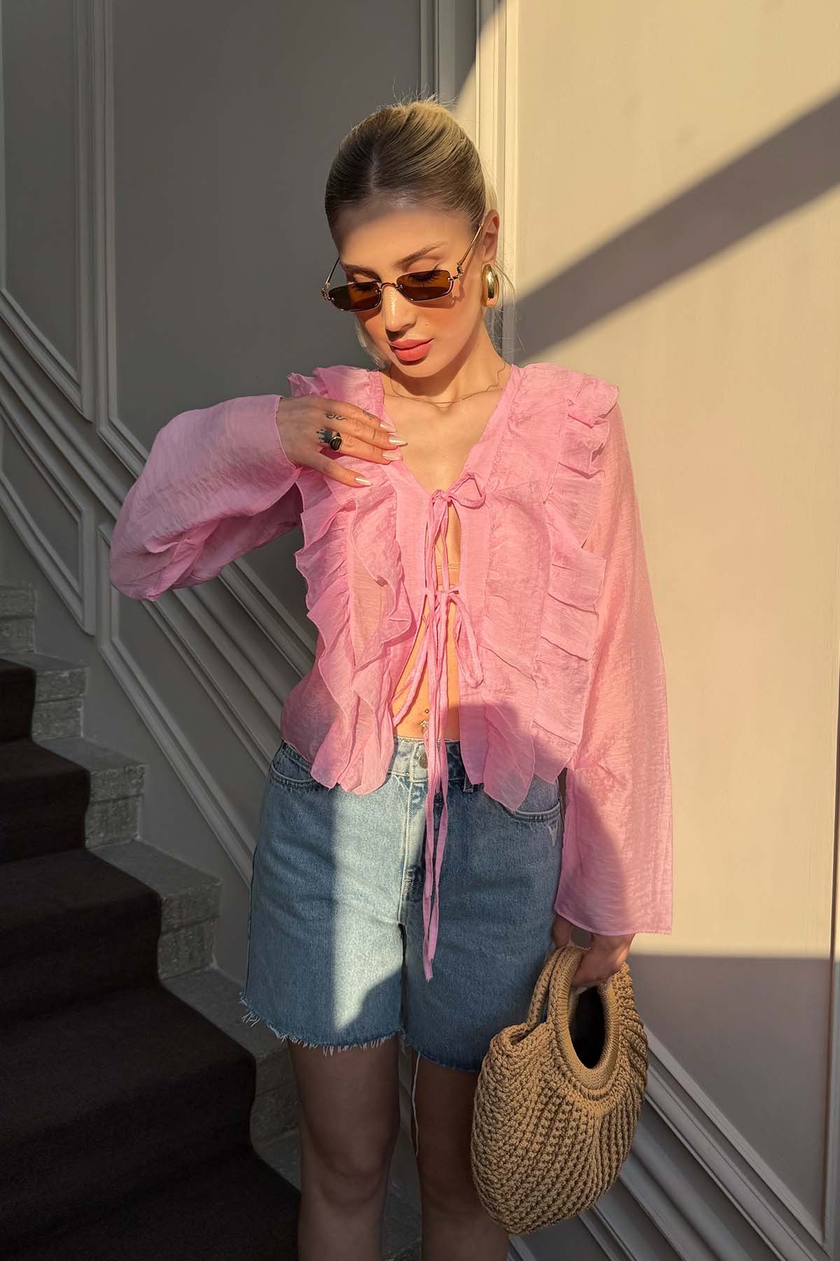 Fırfırlı Tasarım Gömlek - Pembe