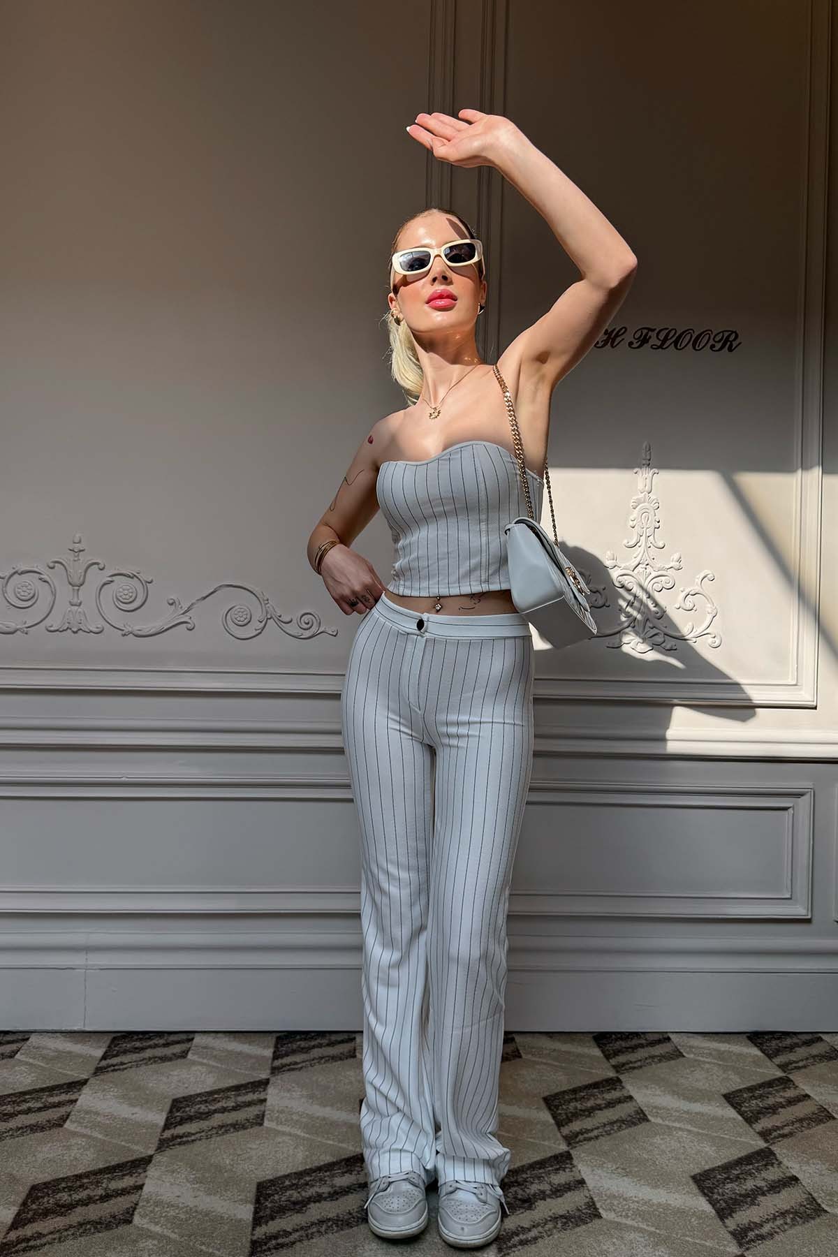 Çizgili Crop Pantalon Takım
