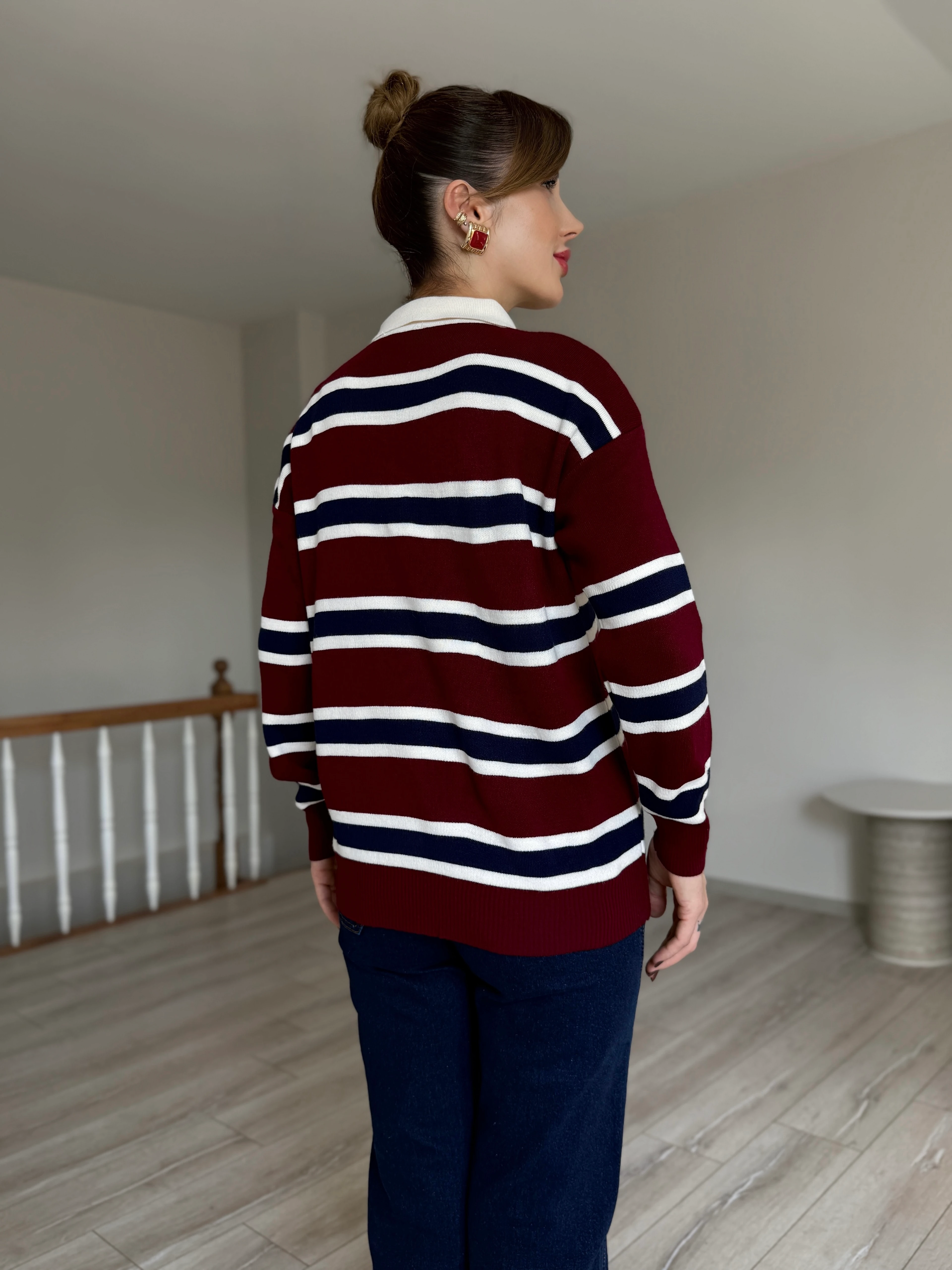 Çizgili Polo Yaka Kazak