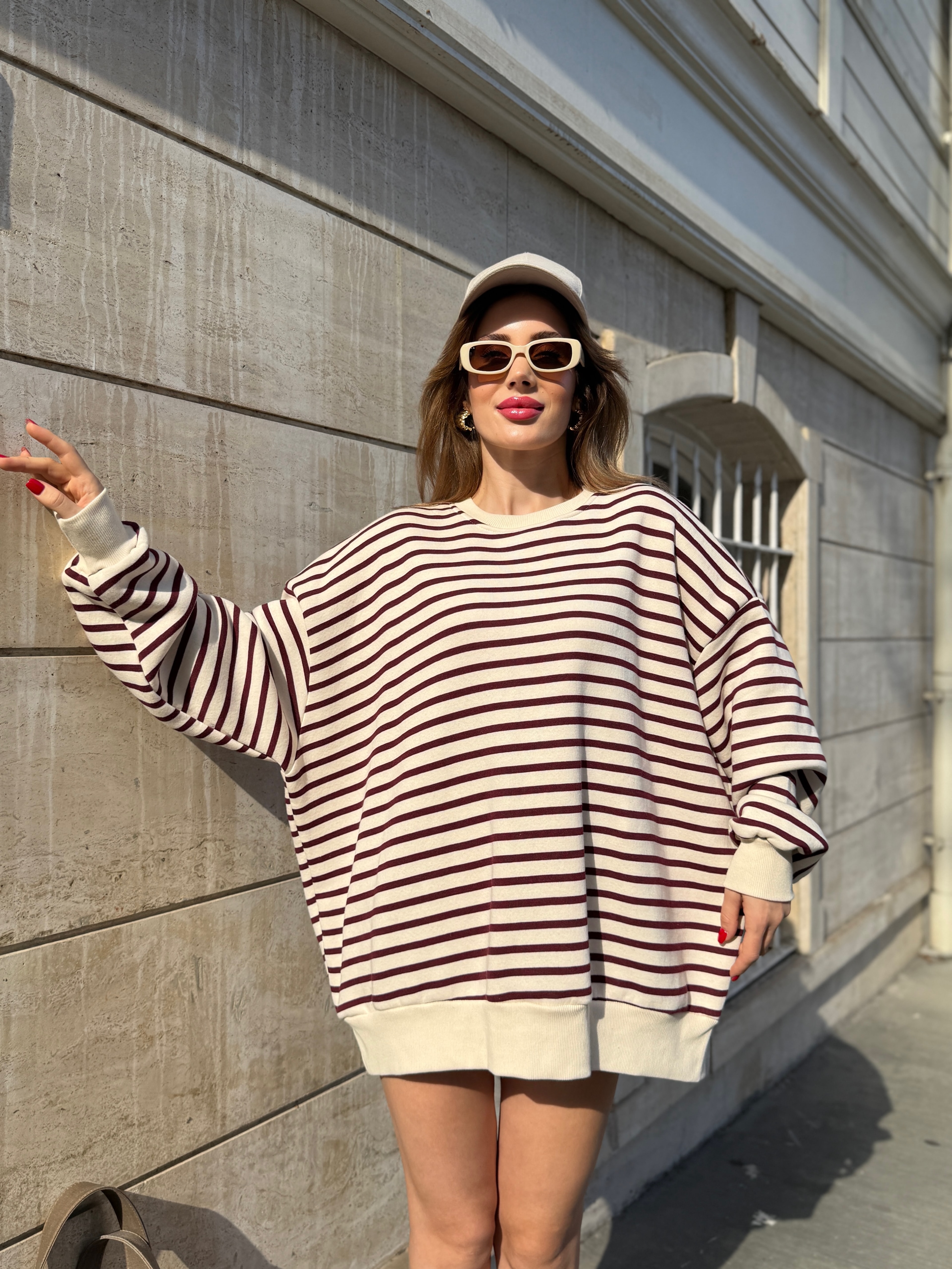 Çizgili Oversize  Şardonlu Sweat  - Bordo
