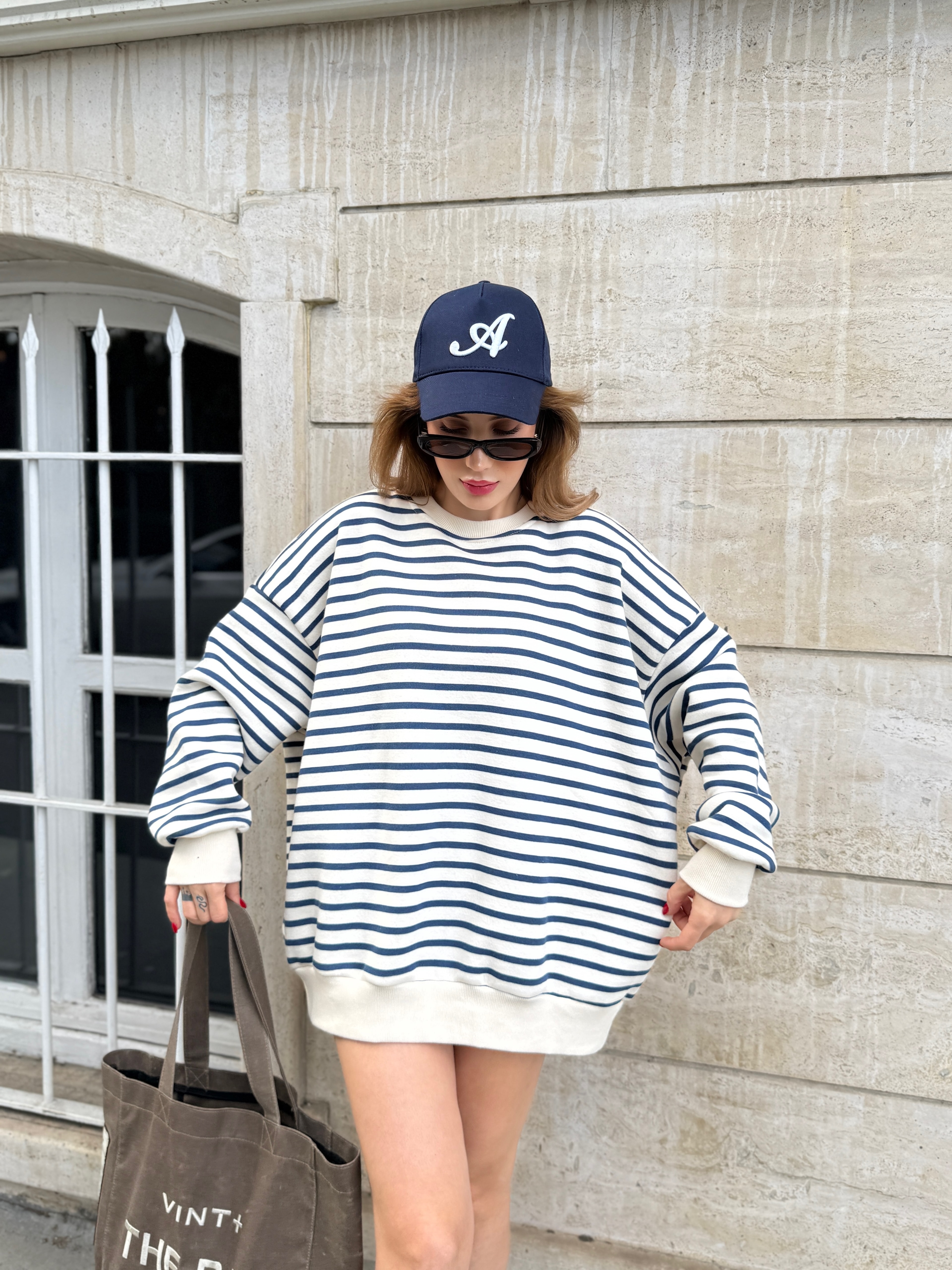 Çizgili Oversize  Şardonlu Sweat  - mavi