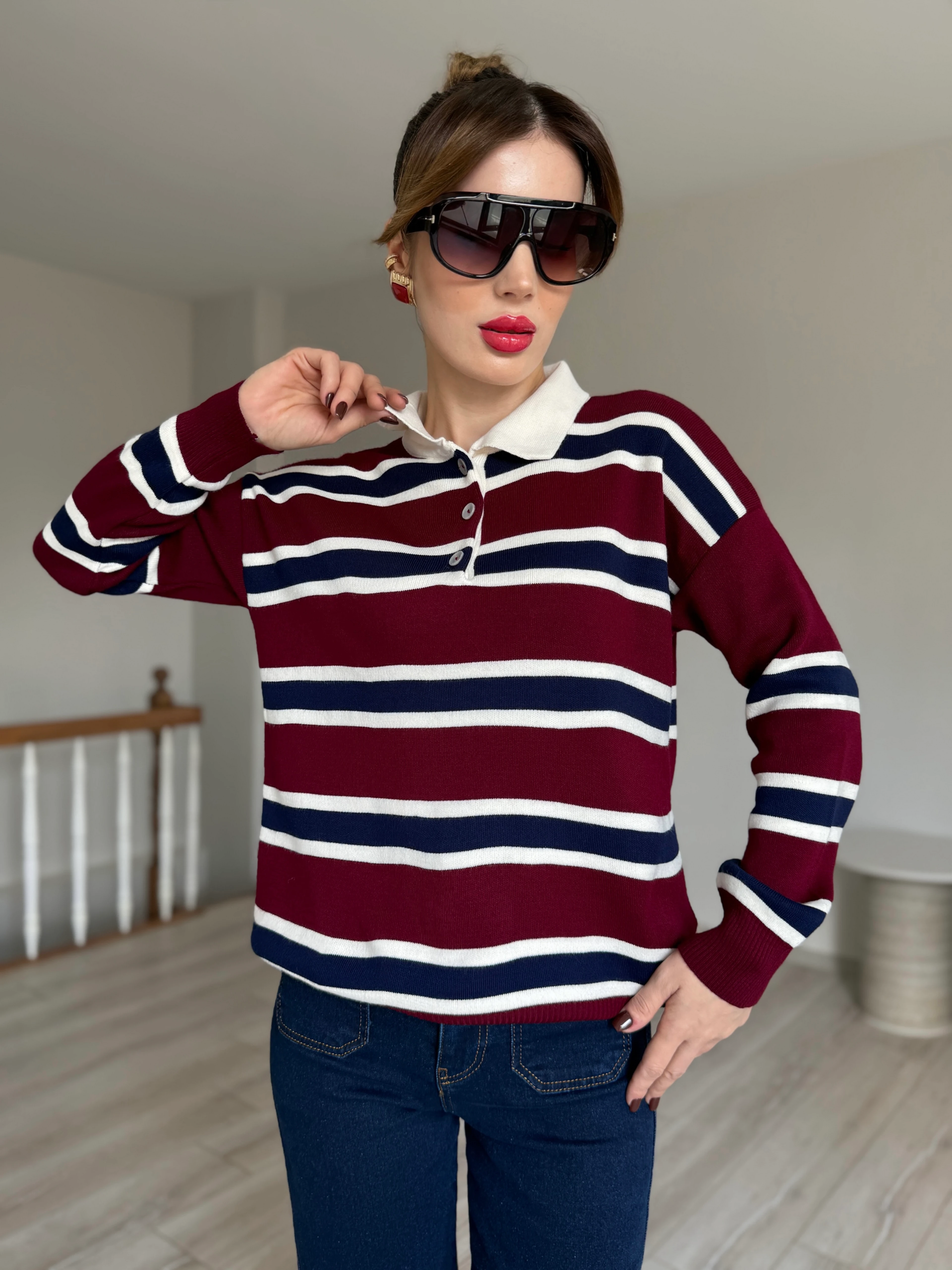 Çizgili Polo Yaka Kazak