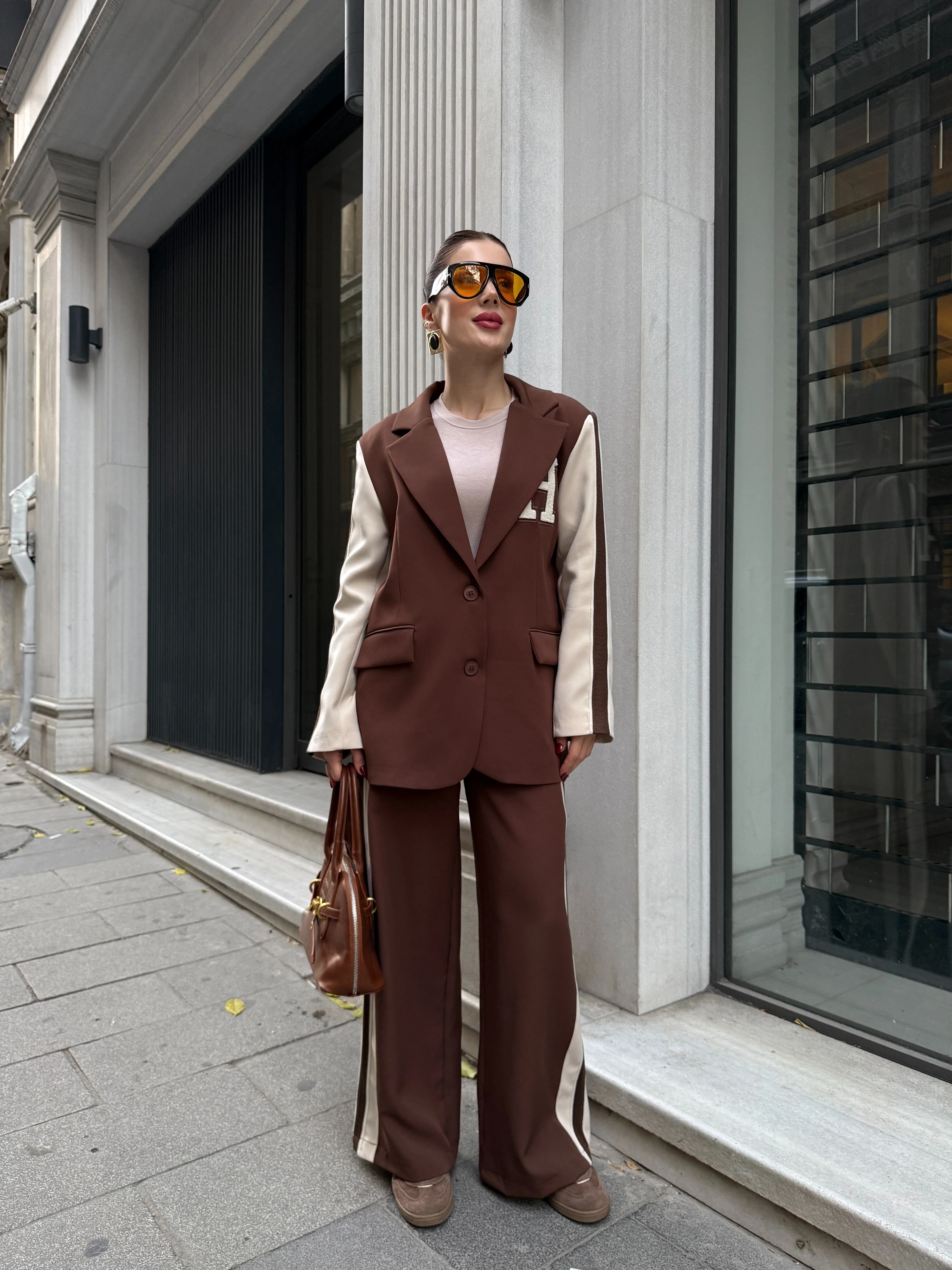 Şerit Detaylı Oversize Ceket Takım - Kahverengi