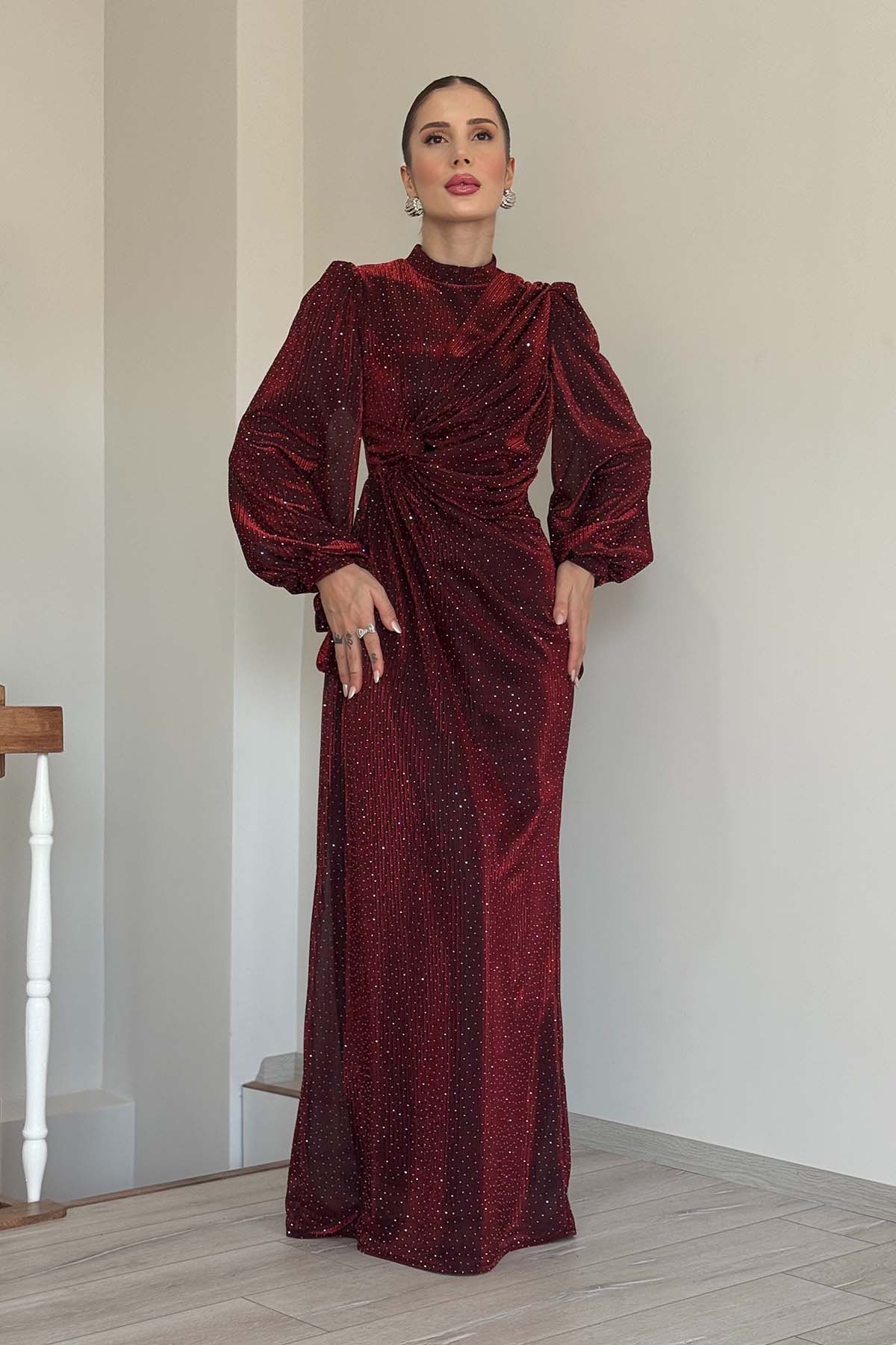Taşlı Bağlama Detaylı Abiye - Bordo