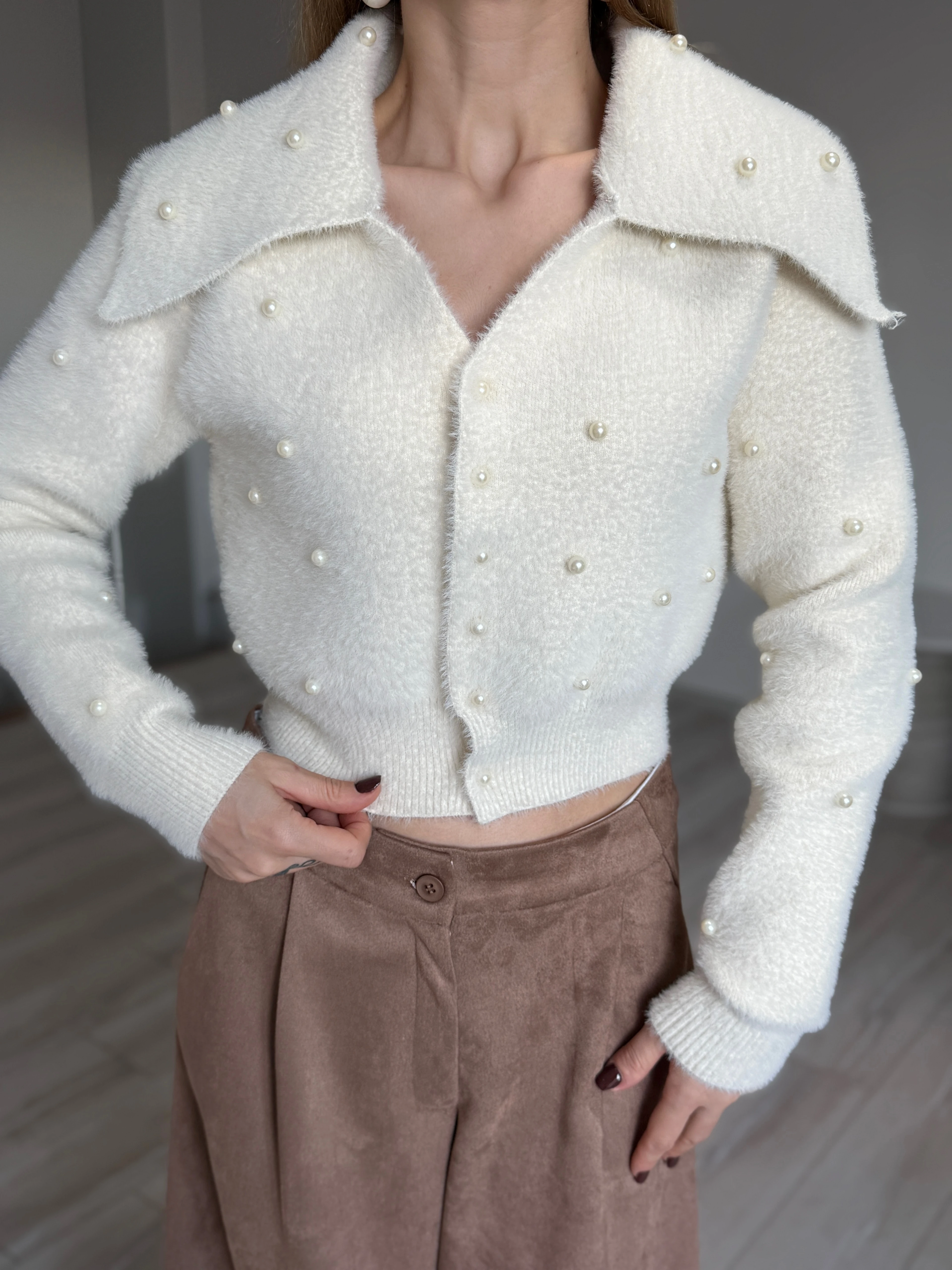 Düğmeli İnci Detaylı Hırka - Bej