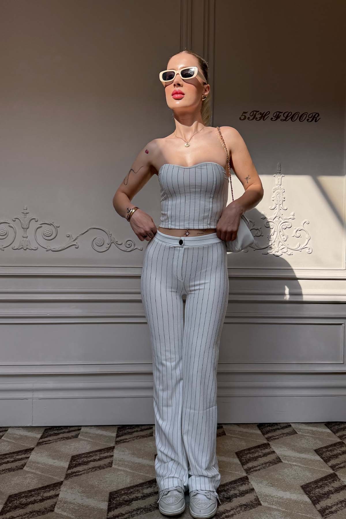 Çizgili Crop Pantalon Takım