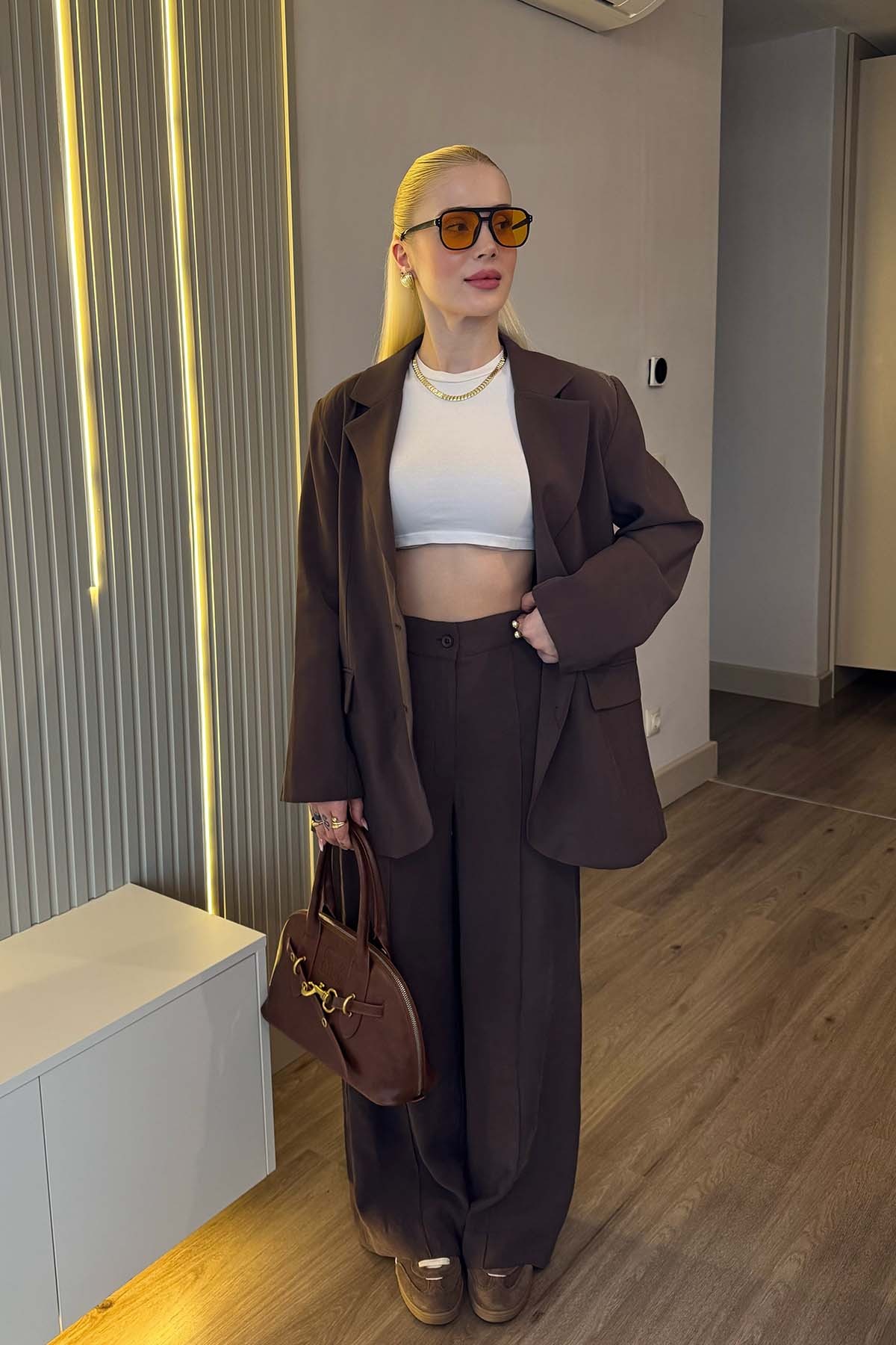 Oversize Ceket Pantolon Takım  - Kahverengi