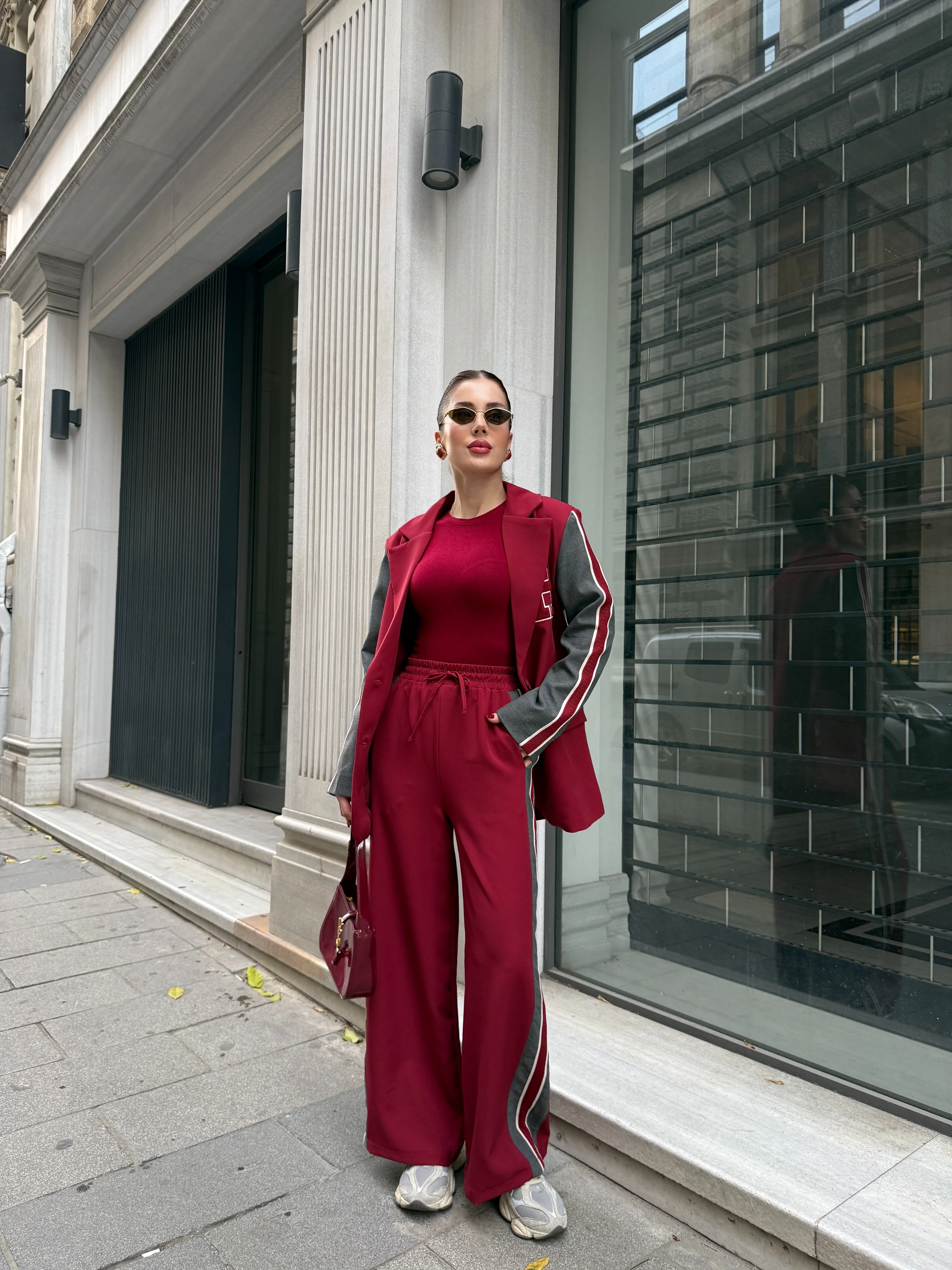 Şerit Detaylı Oversize Ceket Takım - Bordo