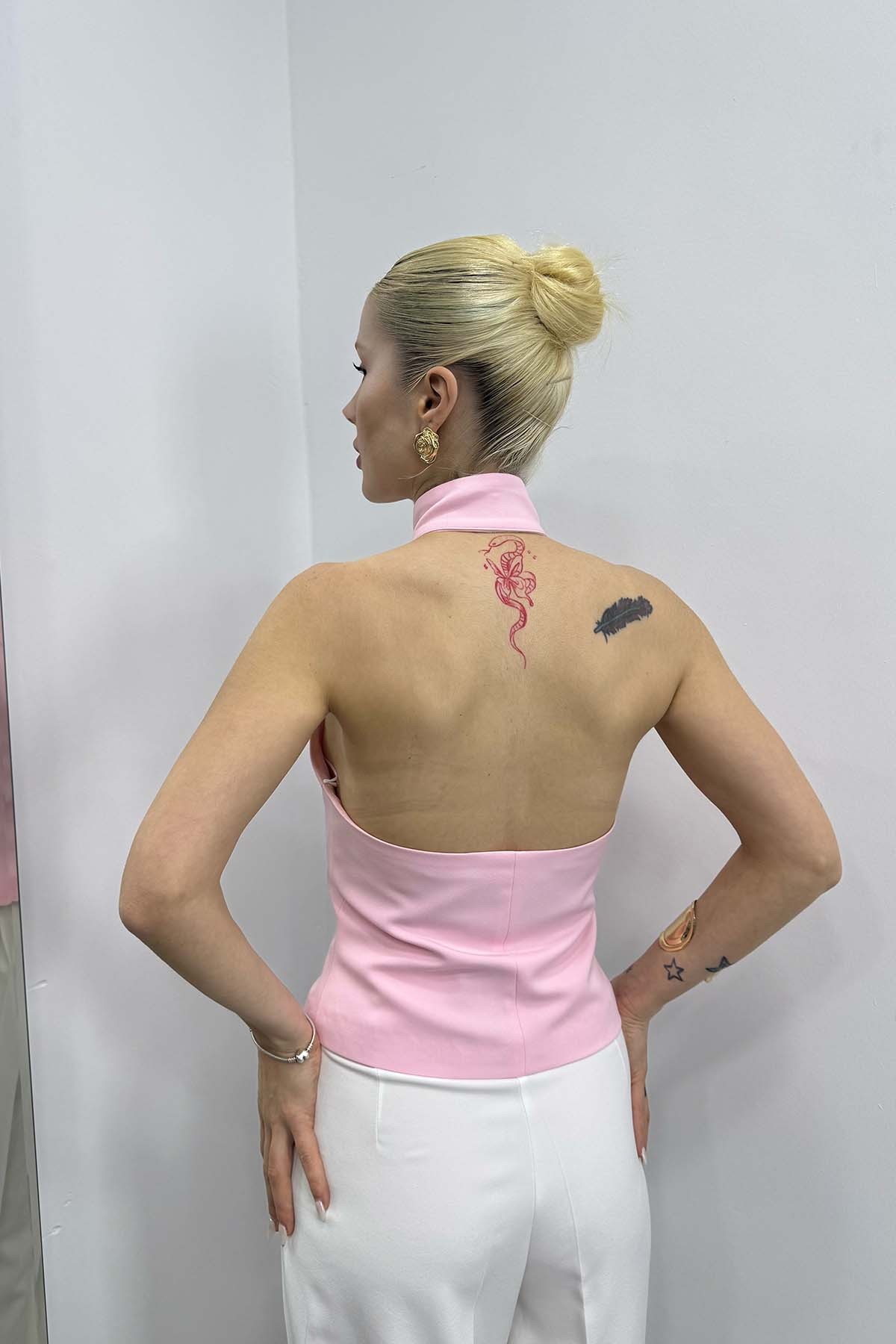 Sırt Dekolteli Düğmeli Yelek - Pembe