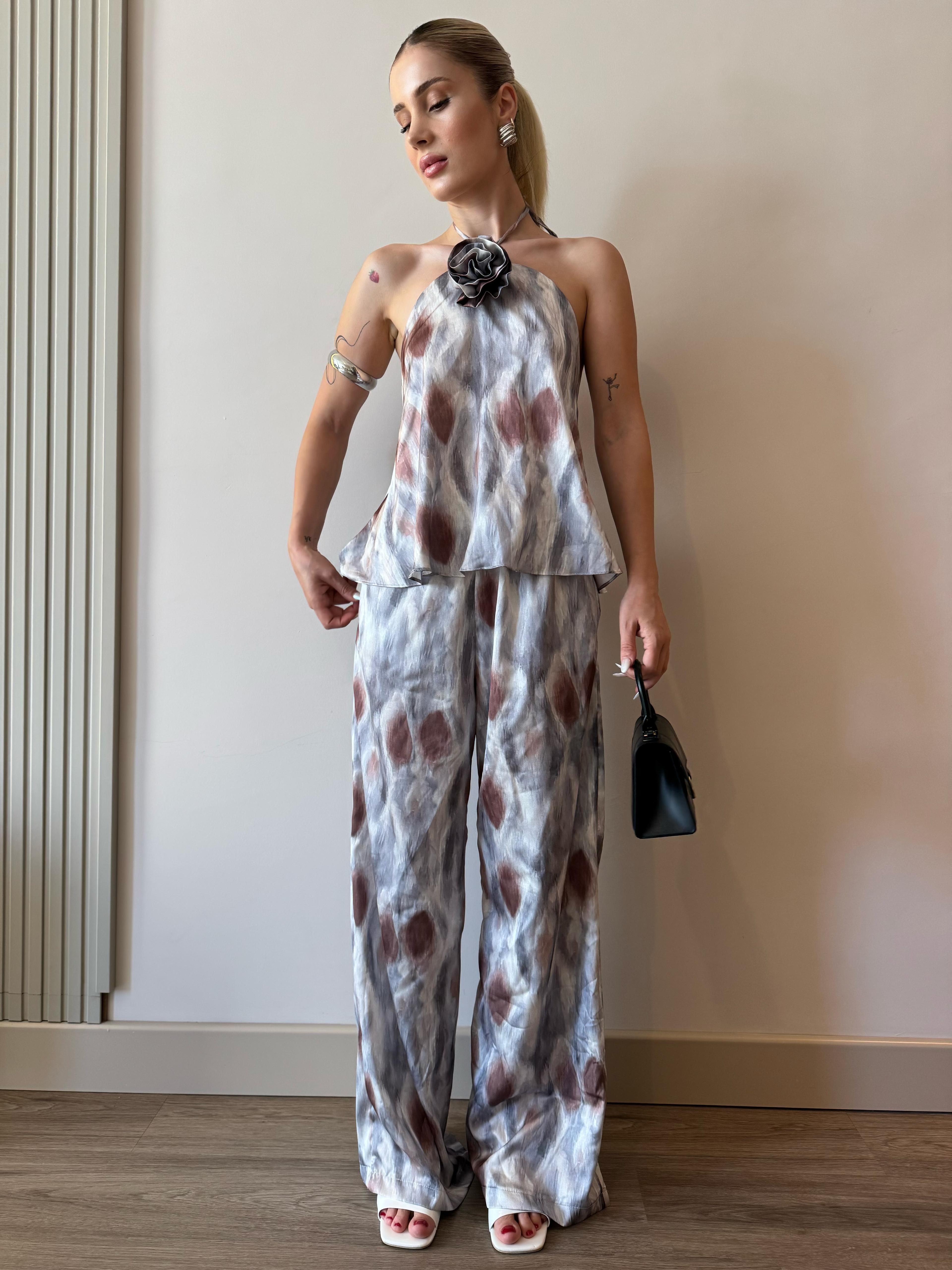 Gül Broş Bluz Pantalon Takım - Gri