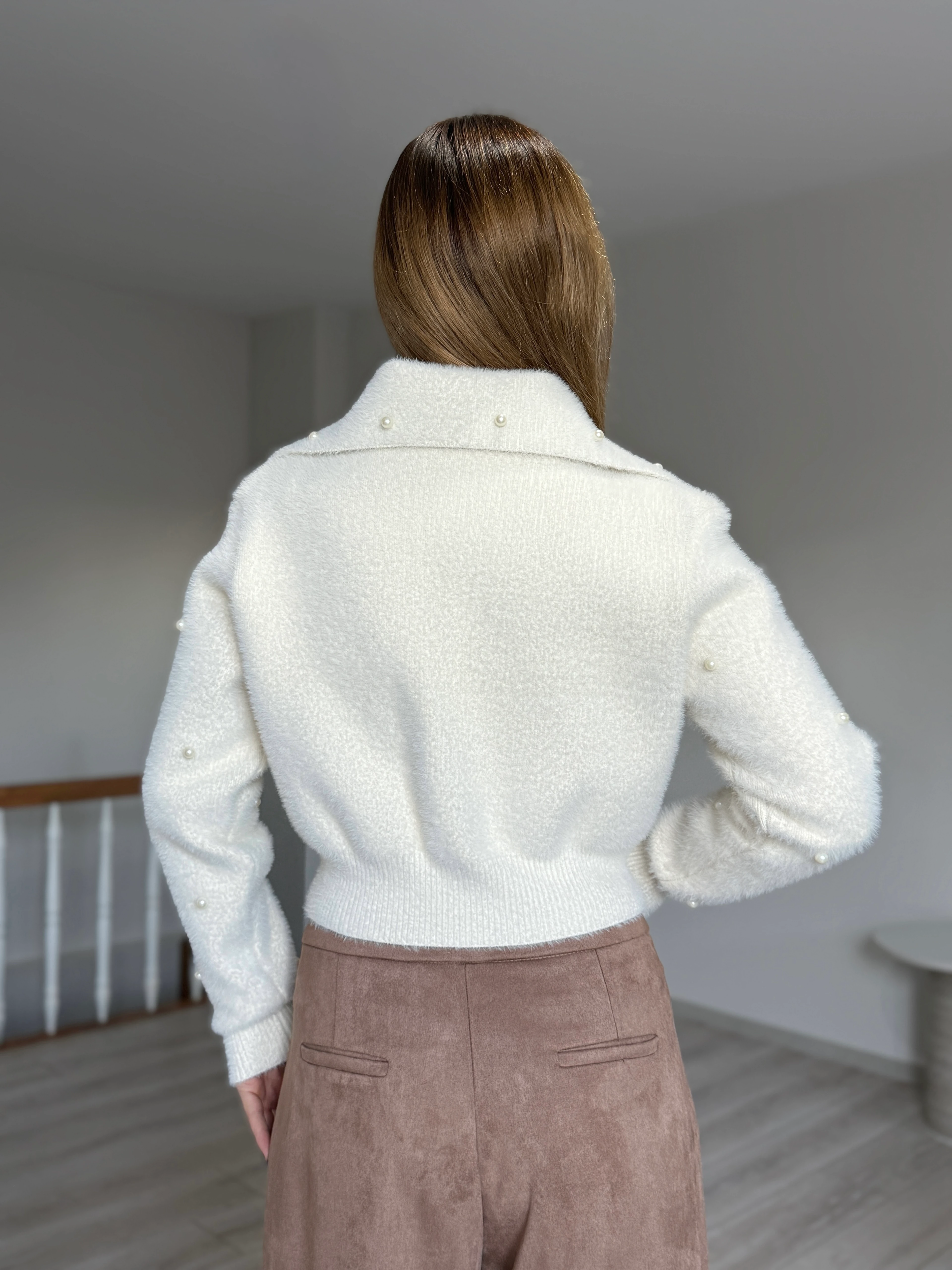 Düğmeli İnci Detaylı Hırka - Bej