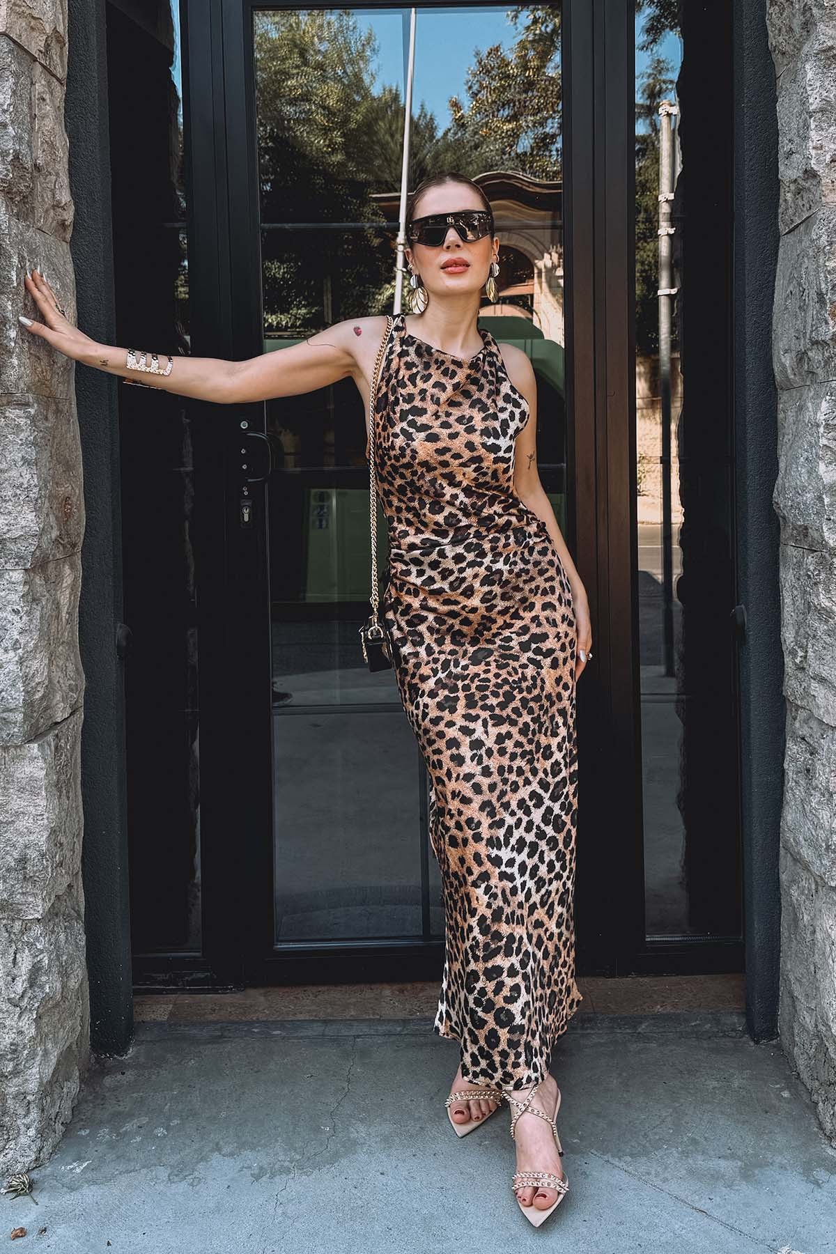 Saten Leopar Elbise