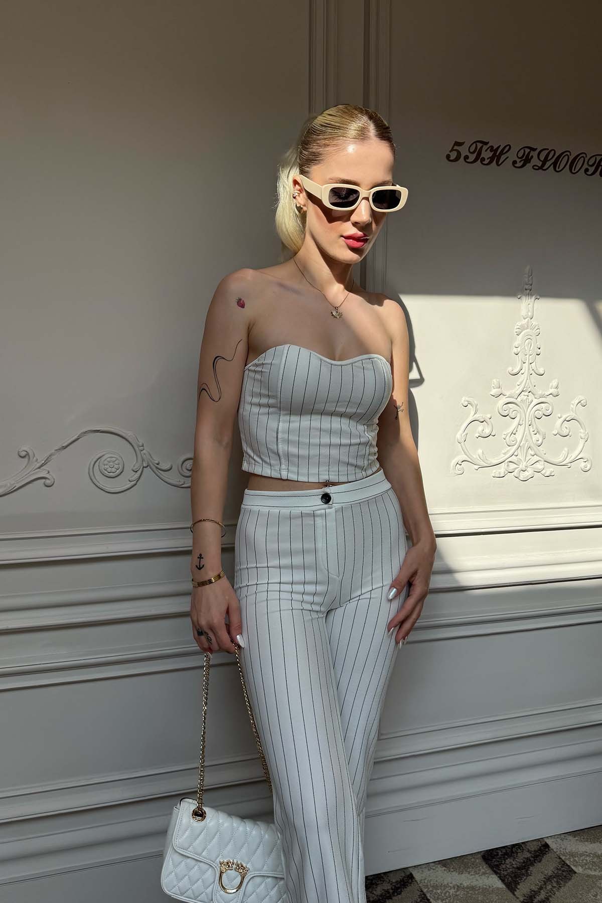 Çizgili Crop Pantalon Takım
