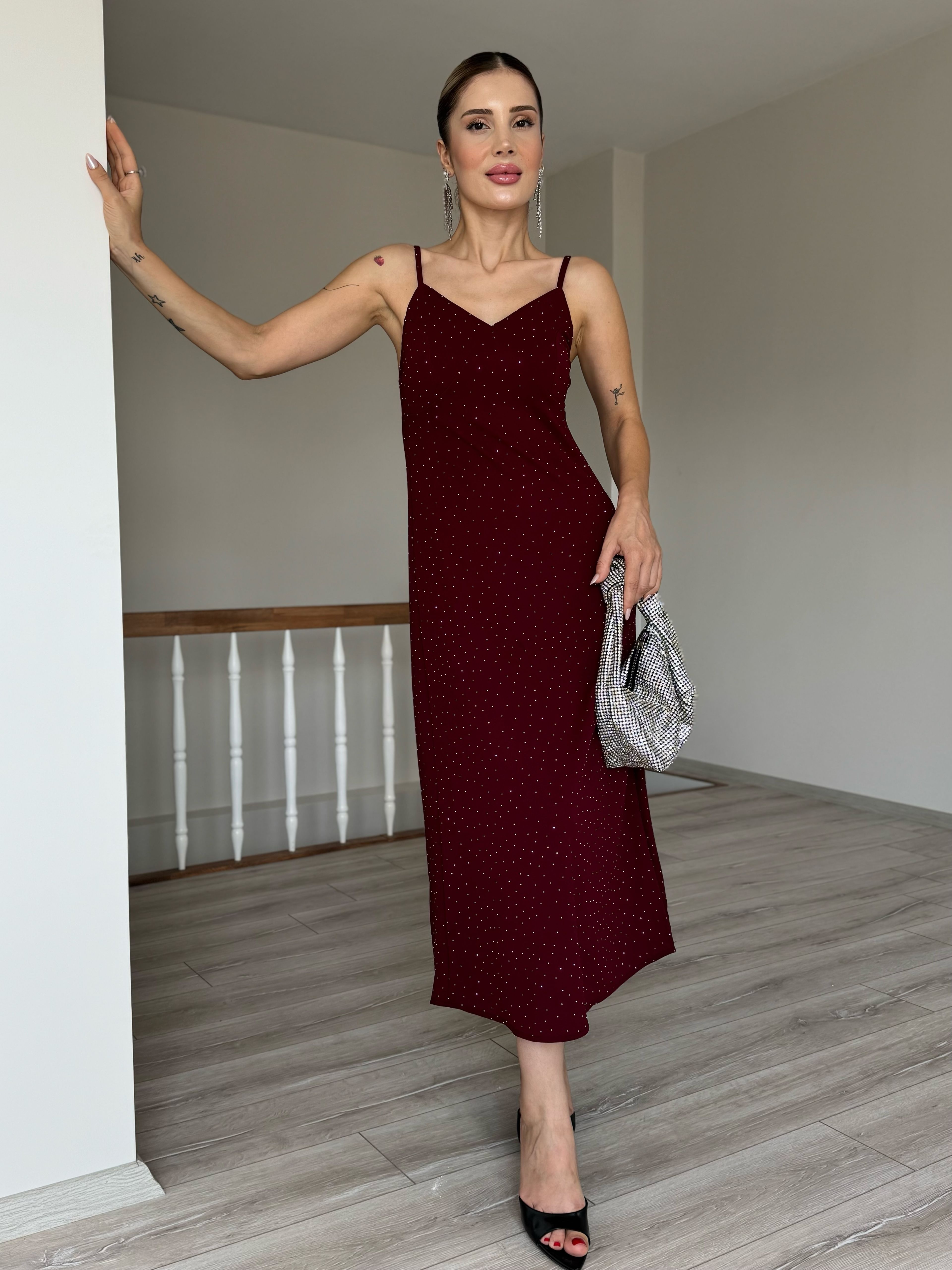 İnce Askılı Taşlı Elbise - Bordo