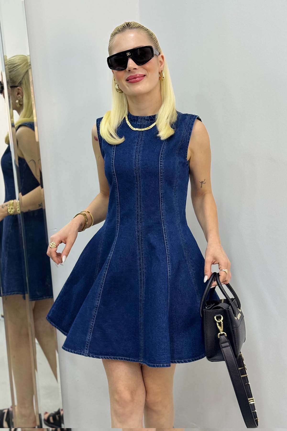 Belden Oturtmalı Denim Elbise - Mavi