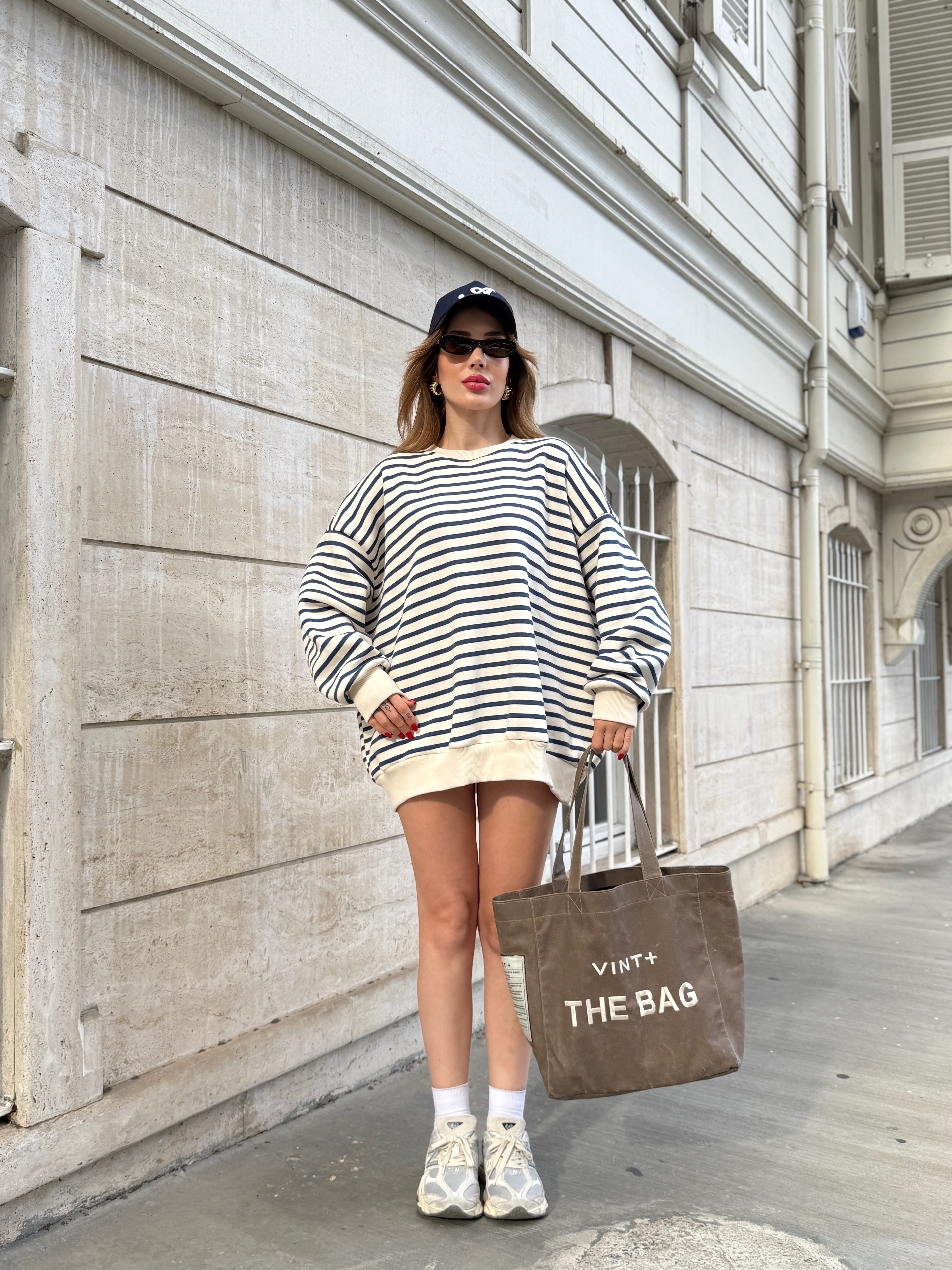 Çizgili Oversize  Şardonlu Sweat  - mavi