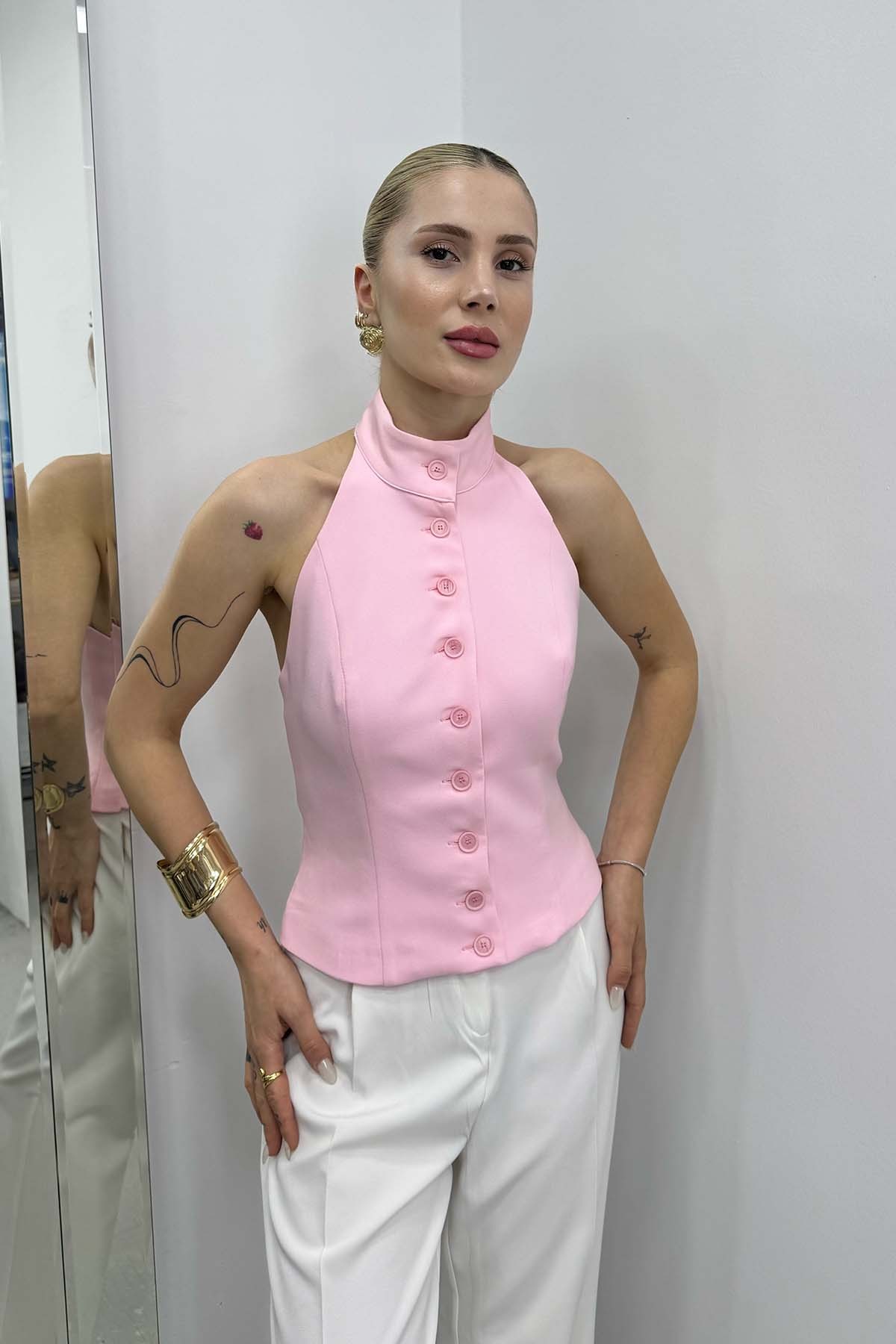 Sırt Dekolteli Düğmeli Yelek - Pembe