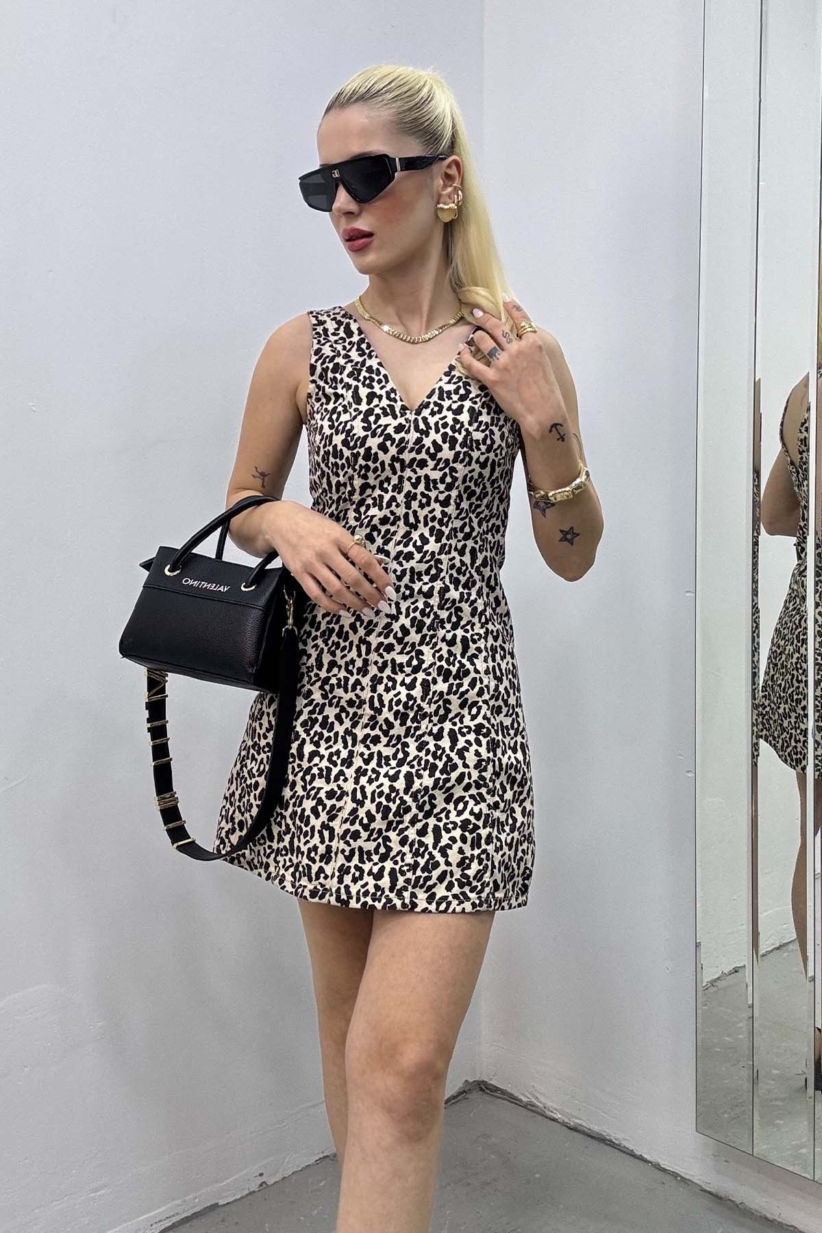 V Yaka  Mini Leopar Elbise