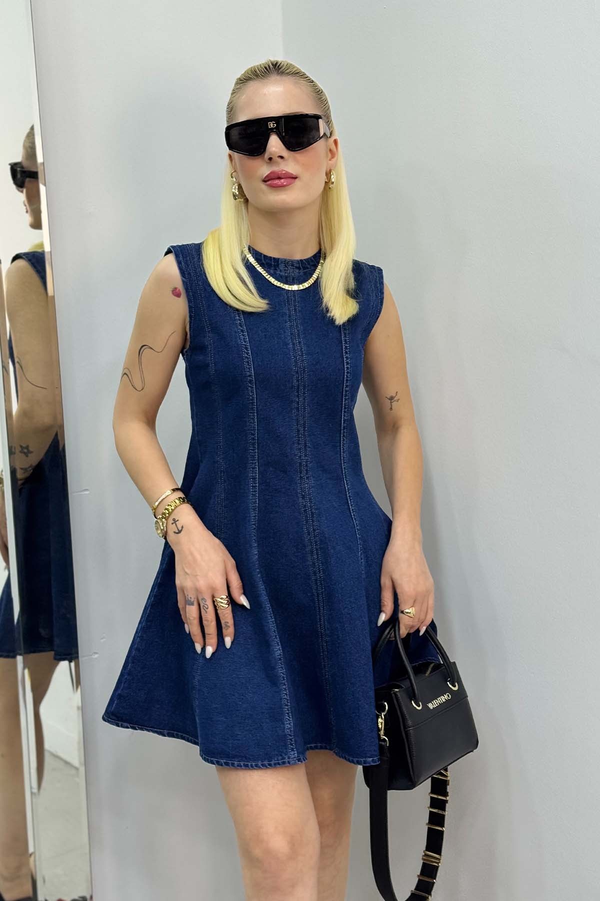 Belden Oturtmalı Denim Elbise - Mavi