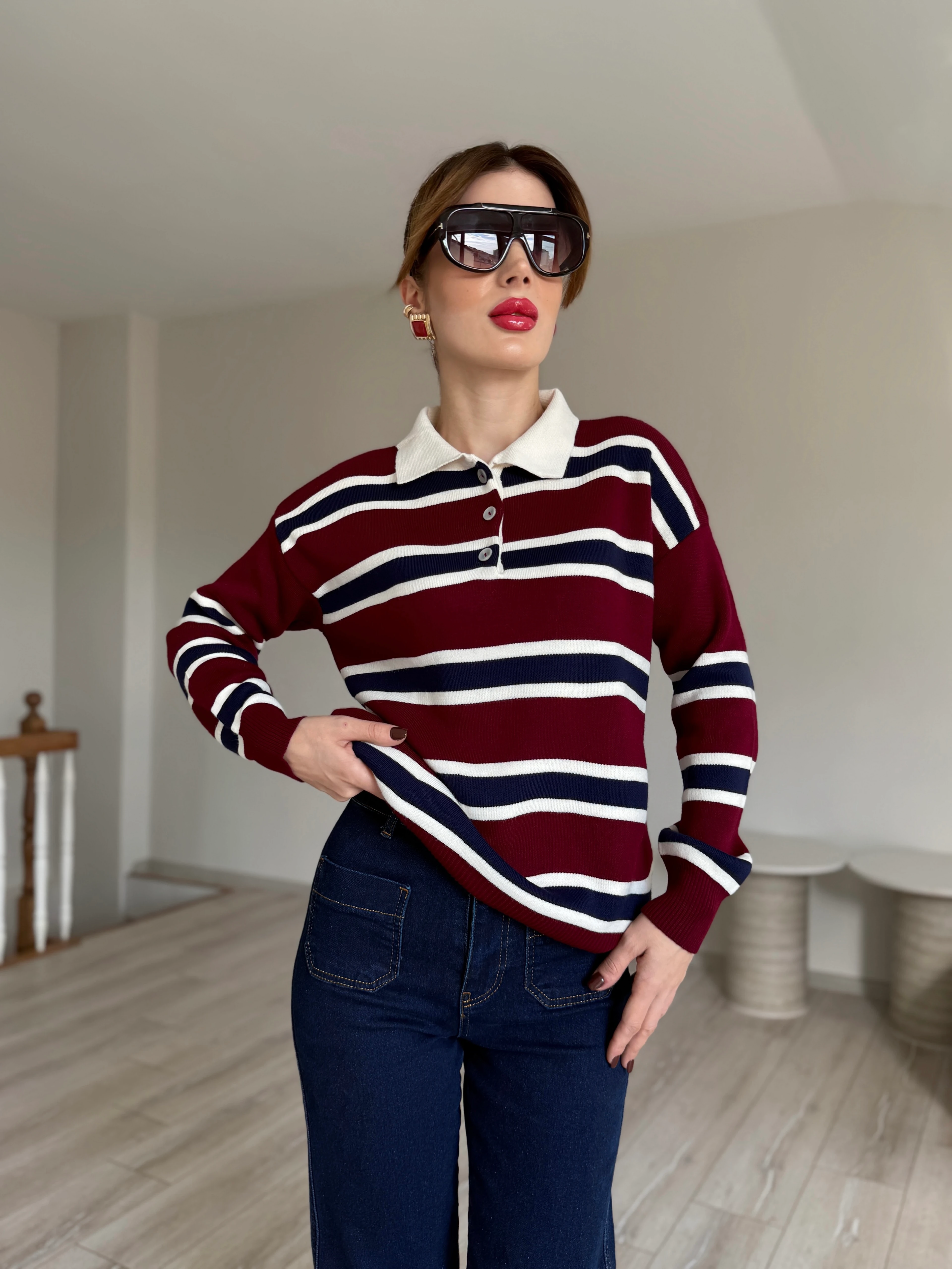 Çizgili Polo Yaka Kazak