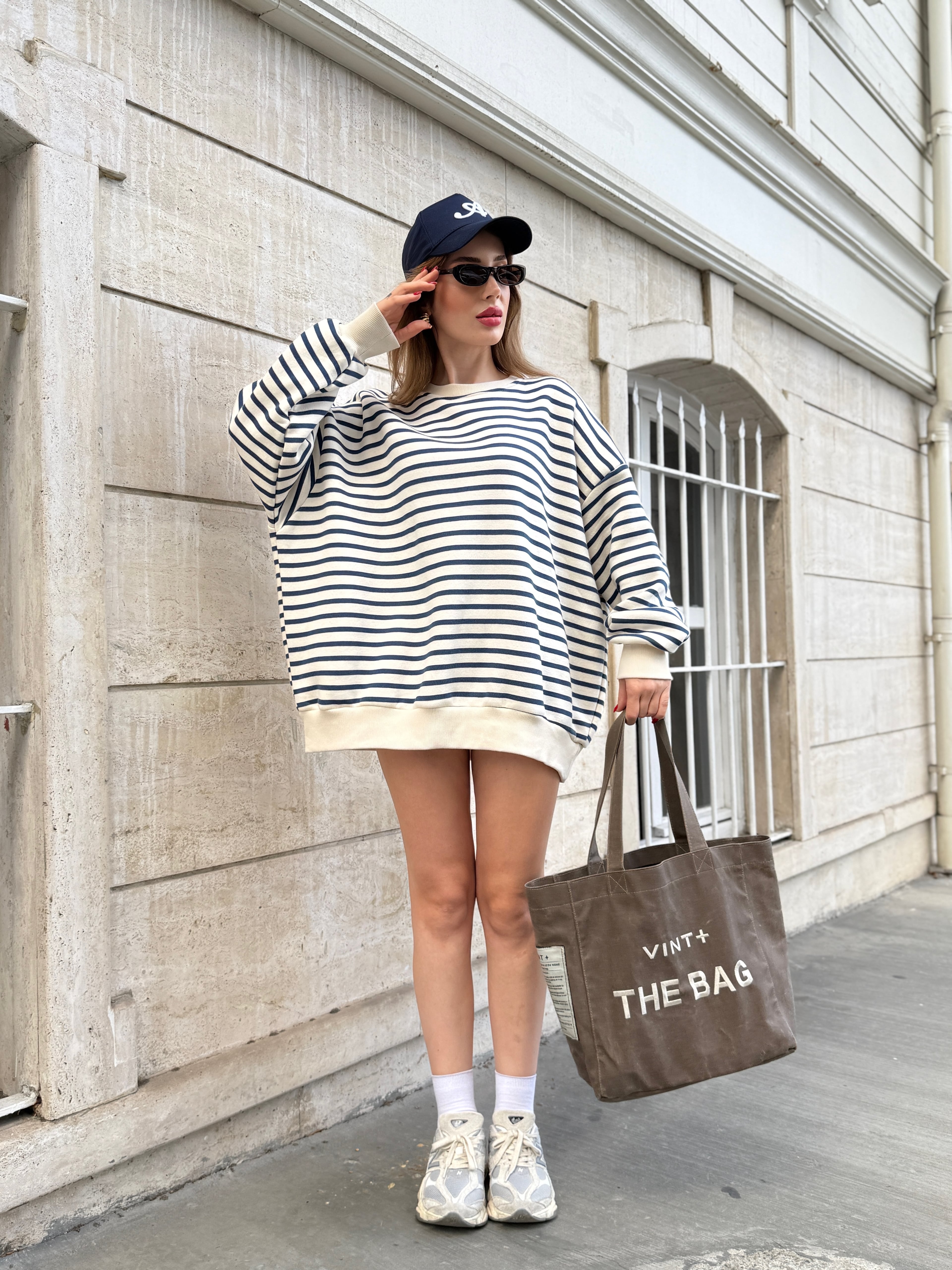 Çizgili Oversize  Şardonlu Sweat  - mavi