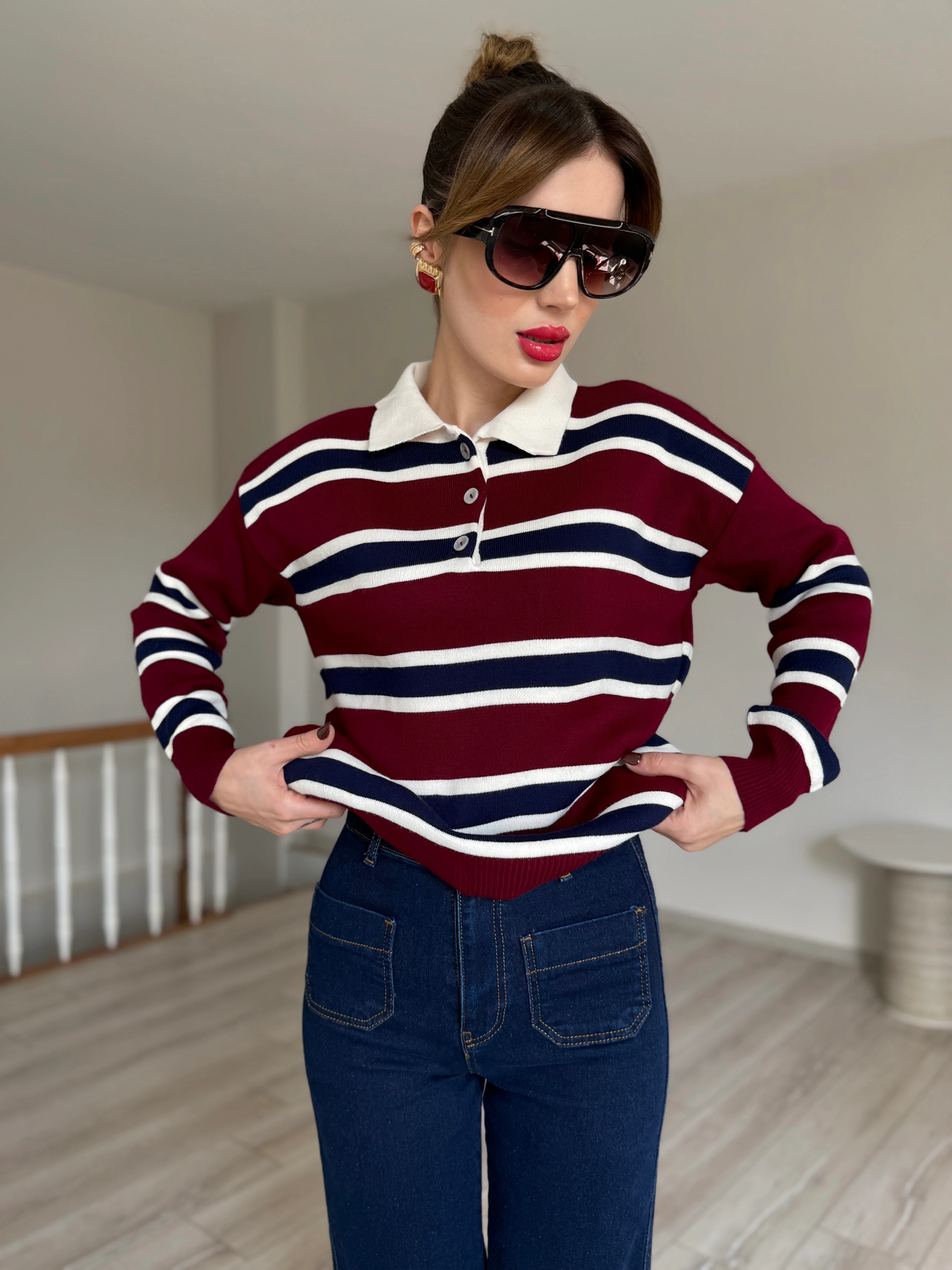 Çizgili Polo Yaka Kazak