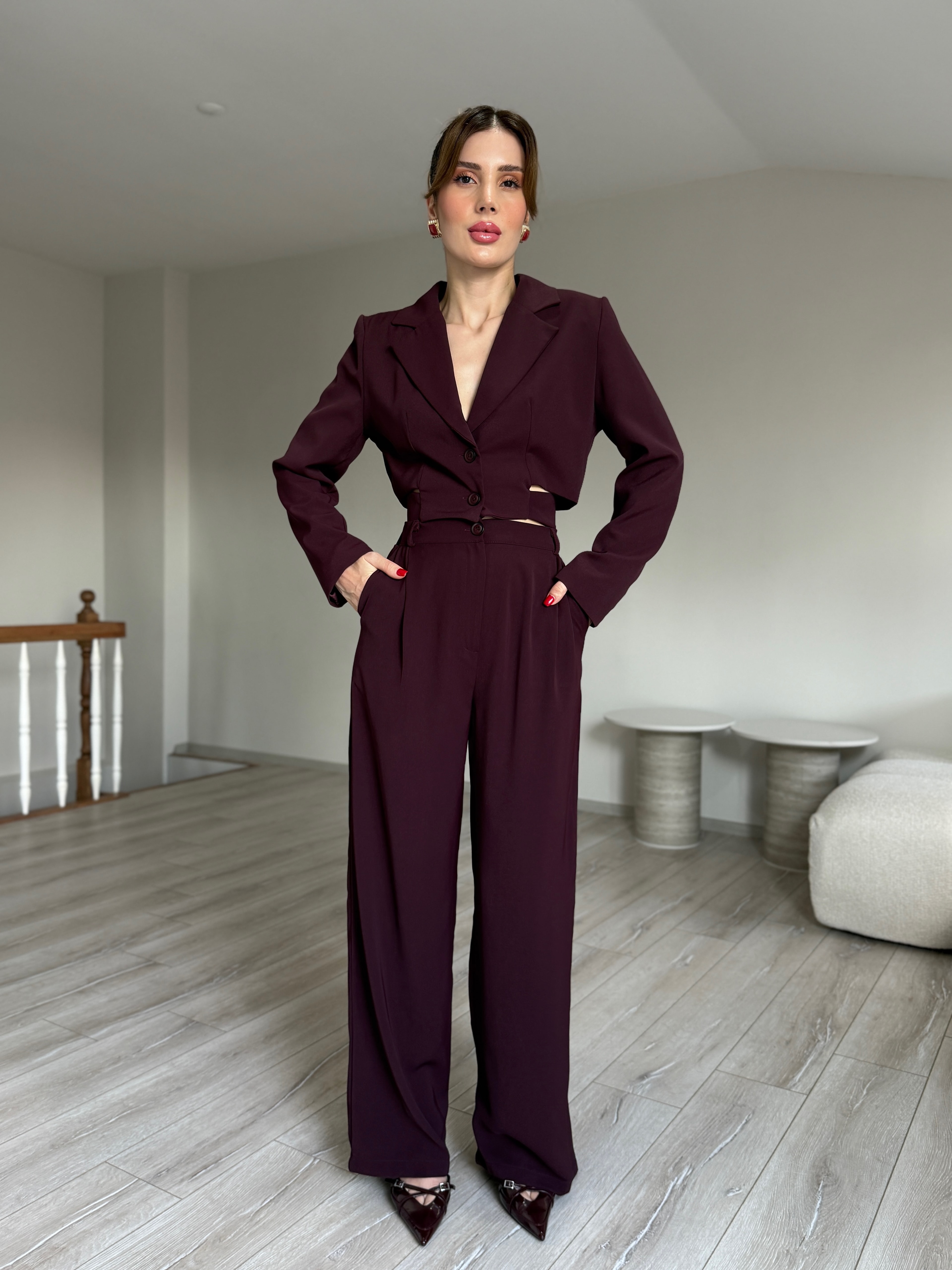 Kemerli Tasarım Mini Ceket Takım - Mürdüm