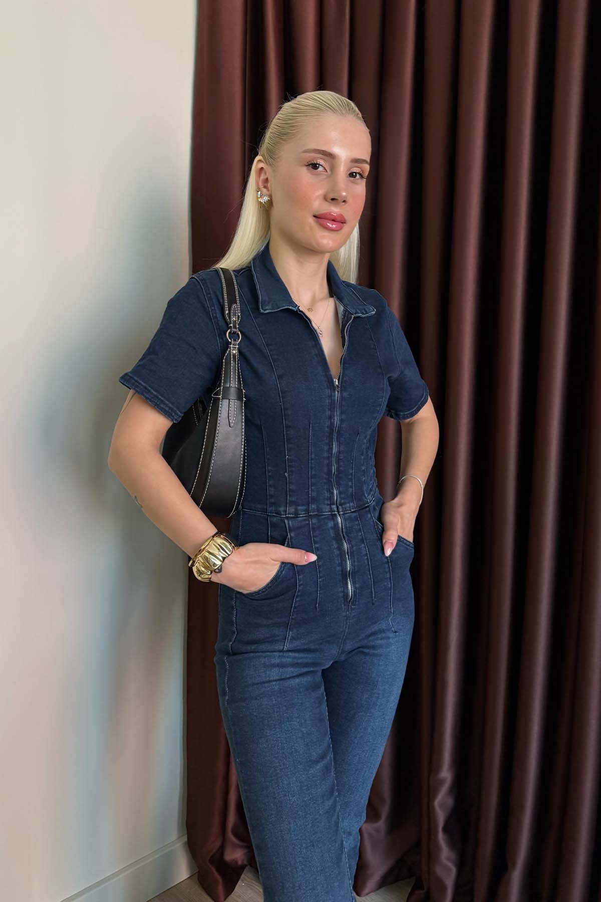 Yarım Fermuarlı Polo Yaka Tulum - Lacivert