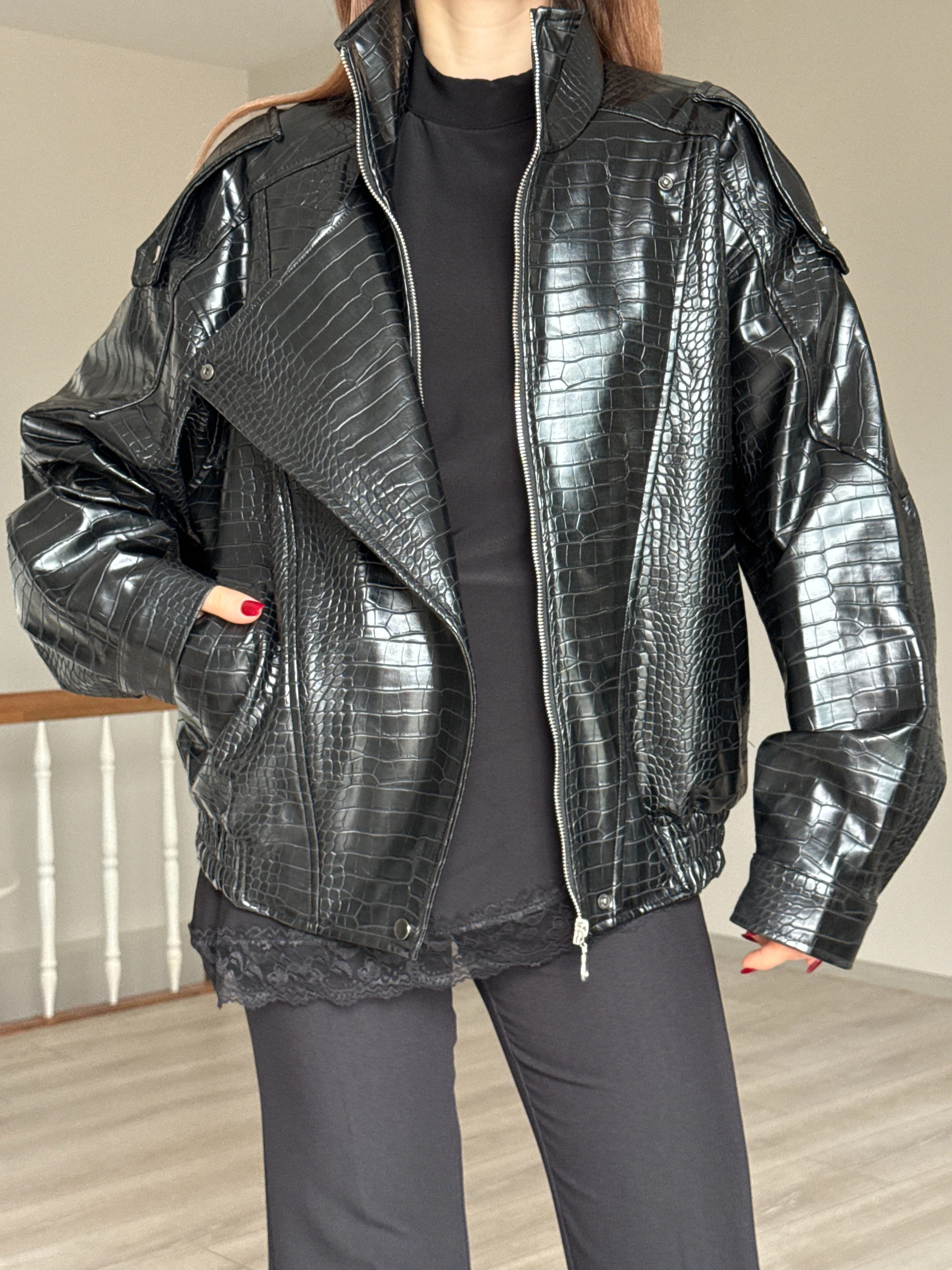 Oversize Bomber Vegan Deri Ceket