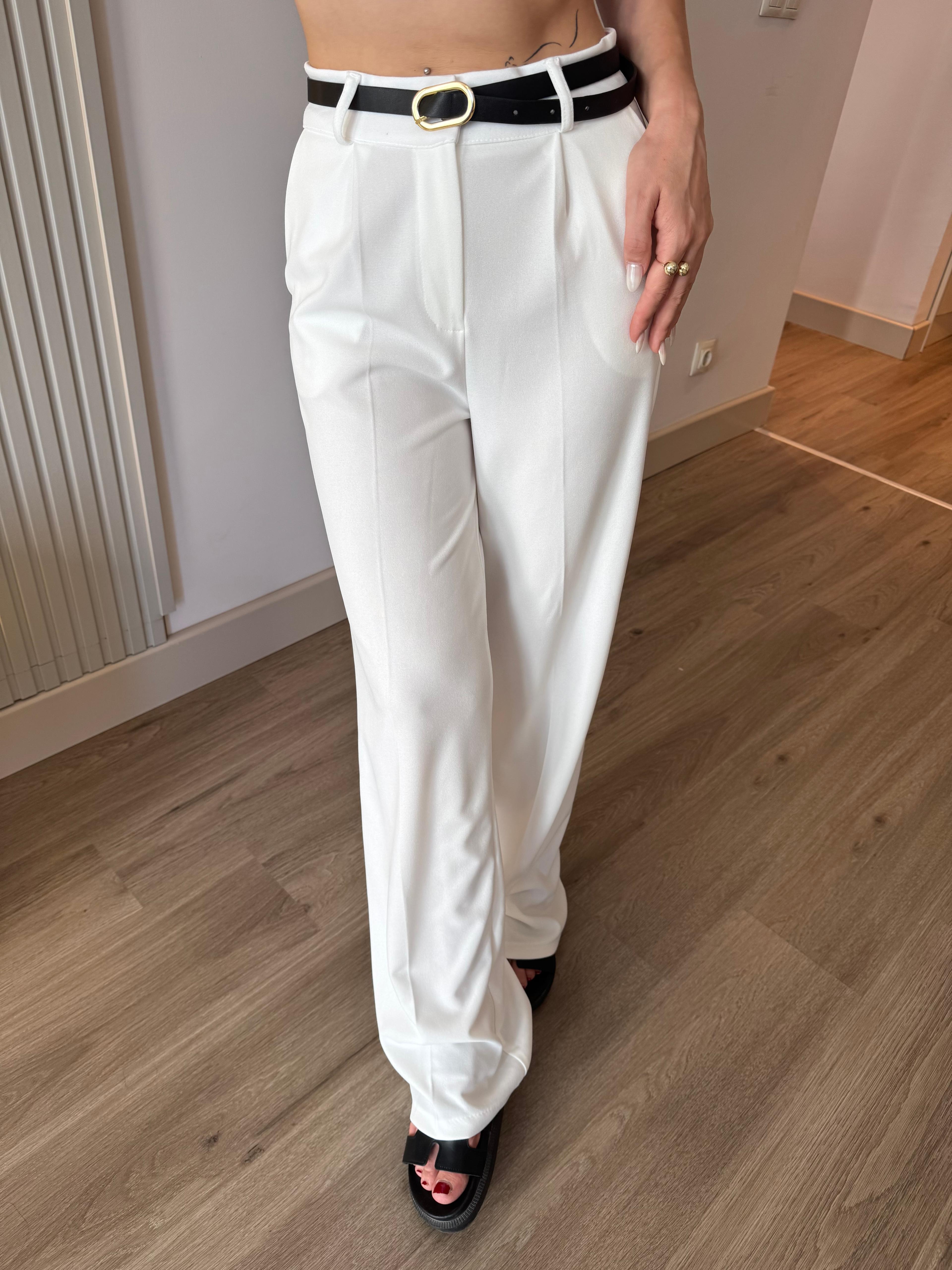 Kemerli Kumaş Pantalon - Beyaz
