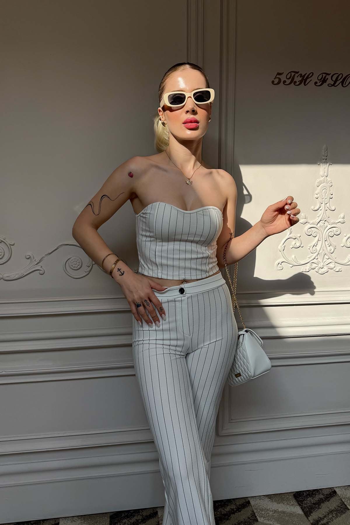Çizgili Crop Pantalon Takım
