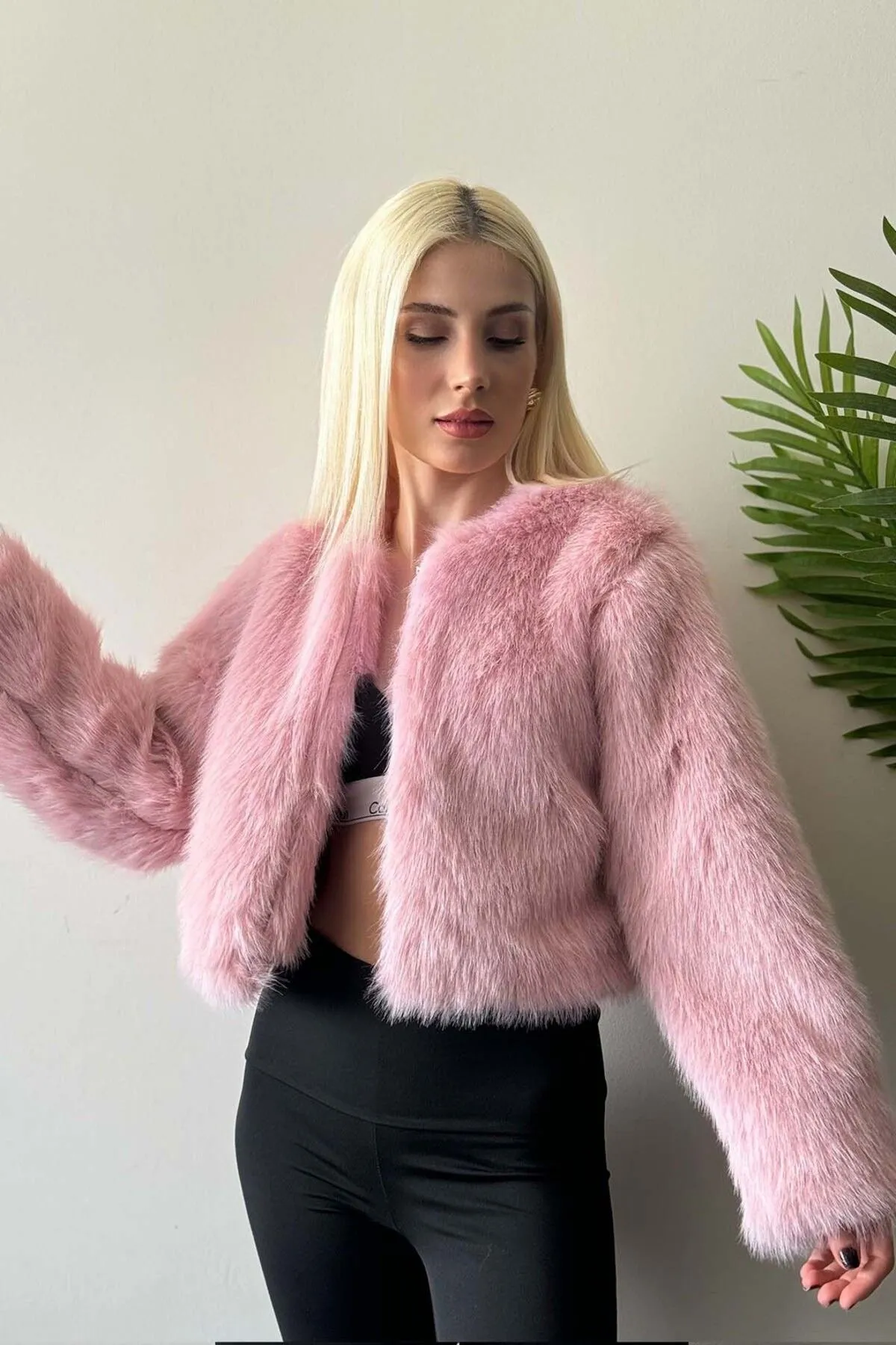 Düz Kısa Kürk - Pembe