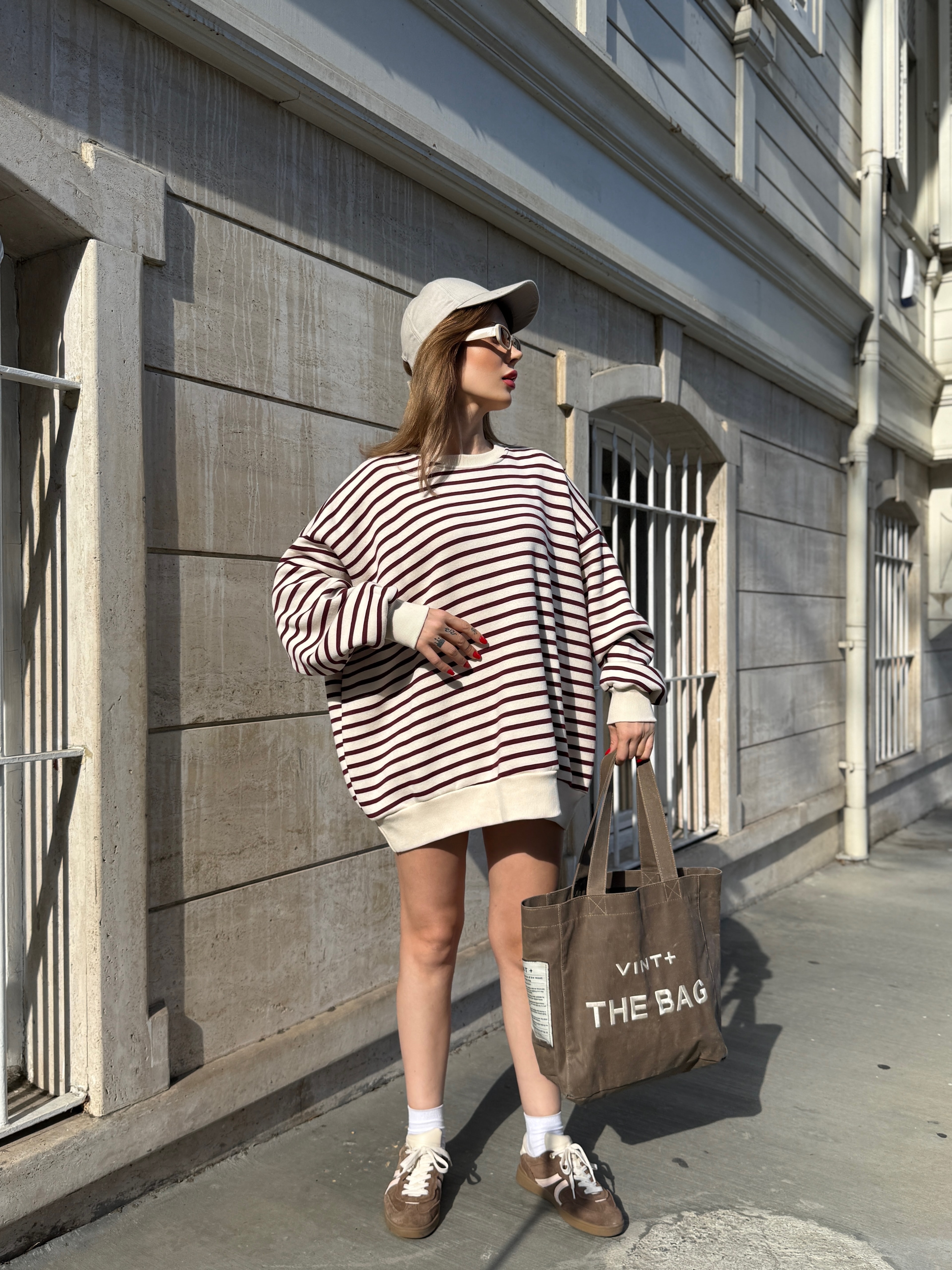 Çizgili Oversize  Şardonlu Sweat  - Bordo