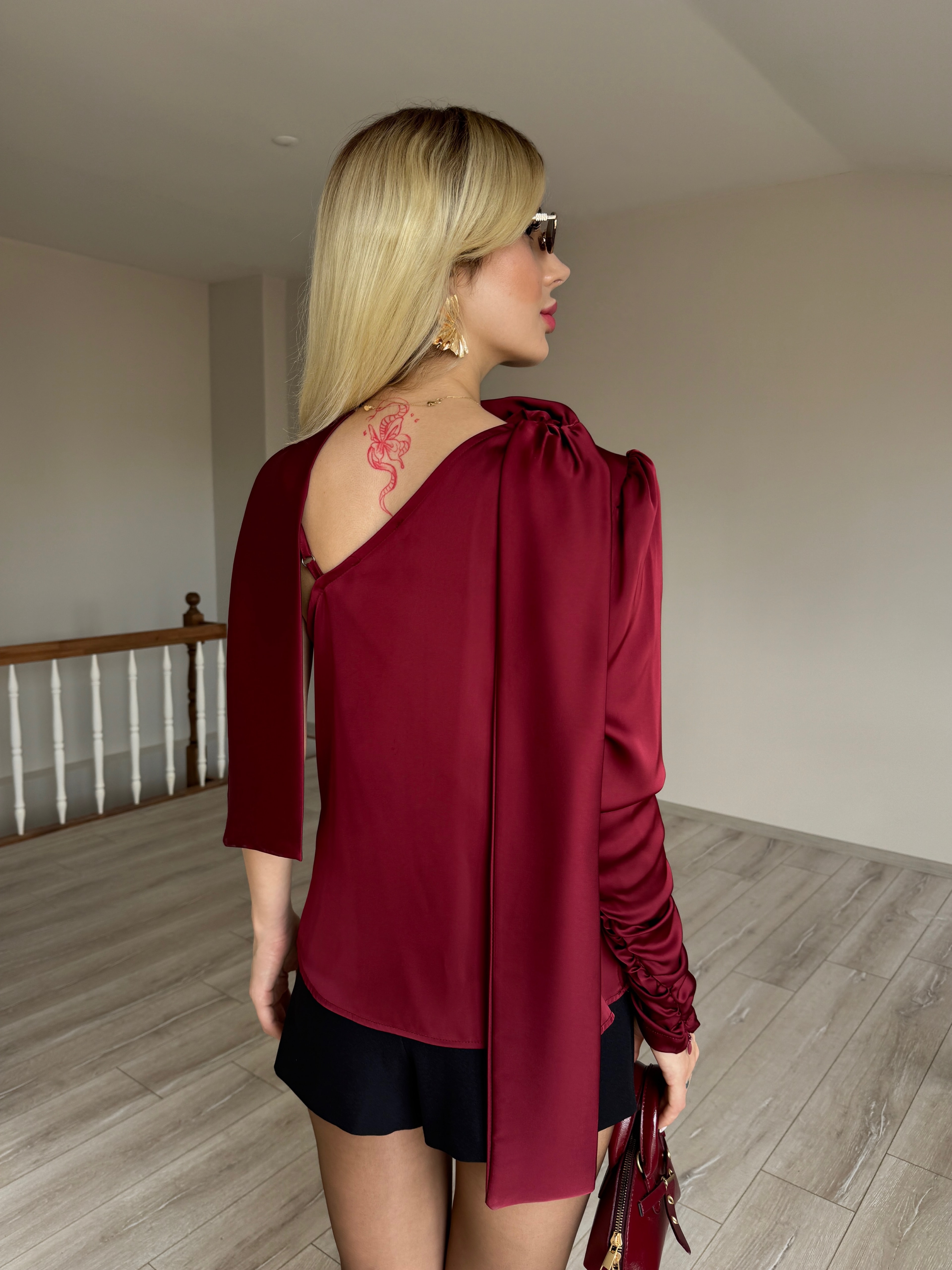 Saten Tek Kollu Şal Yaka Bluz - Bordo