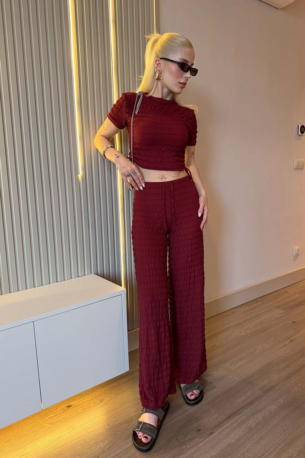 Bubble Kumaş İkili Takım - Bordo