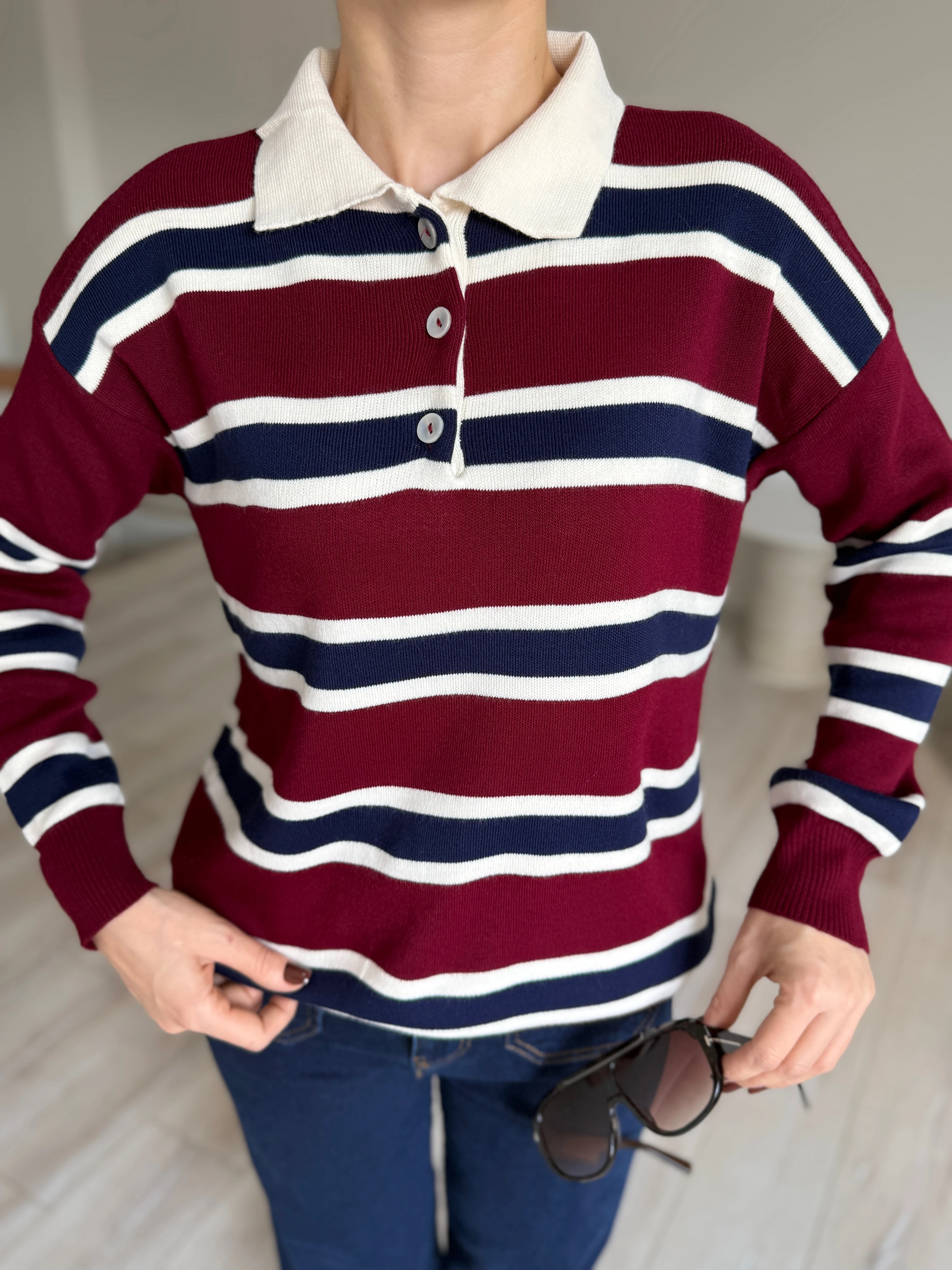 Çizgili Polo Yaka Kazak