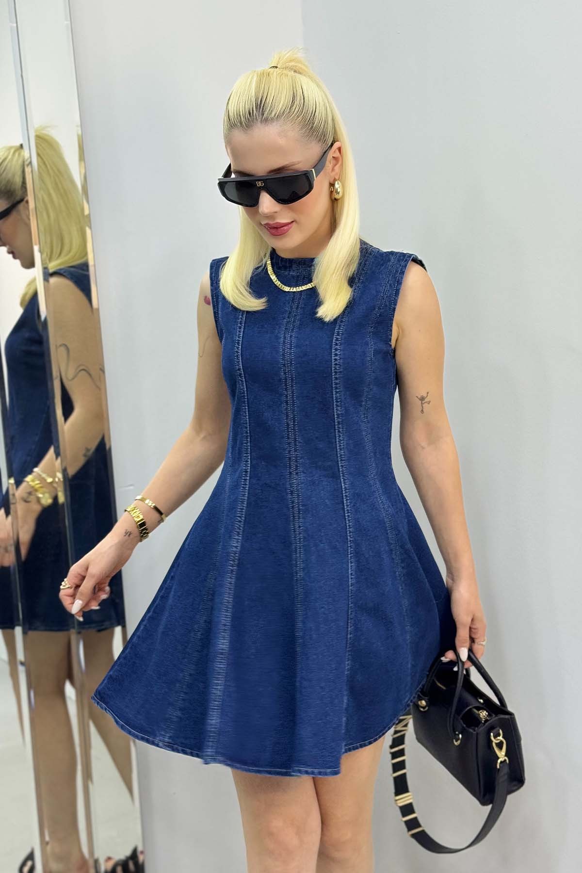 Belden Oturtmalı Denim Elbise - Mavi