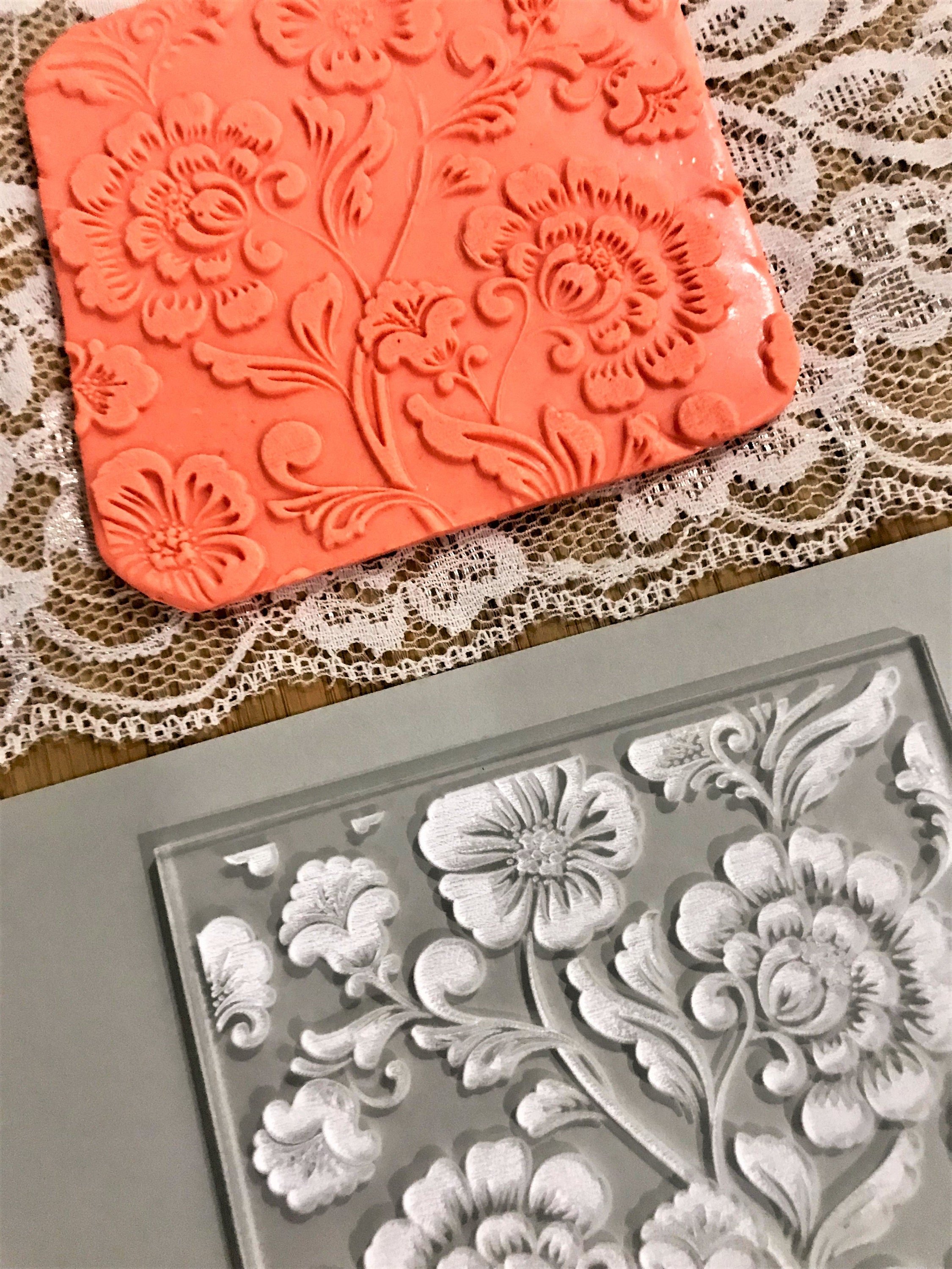Lace Floral Pattern Texture Mat, Debossing Stamp, Acrylic texture tool, Sugar Dough Embosser, Texture Tile , Ceramic Supplies, Texture Plate