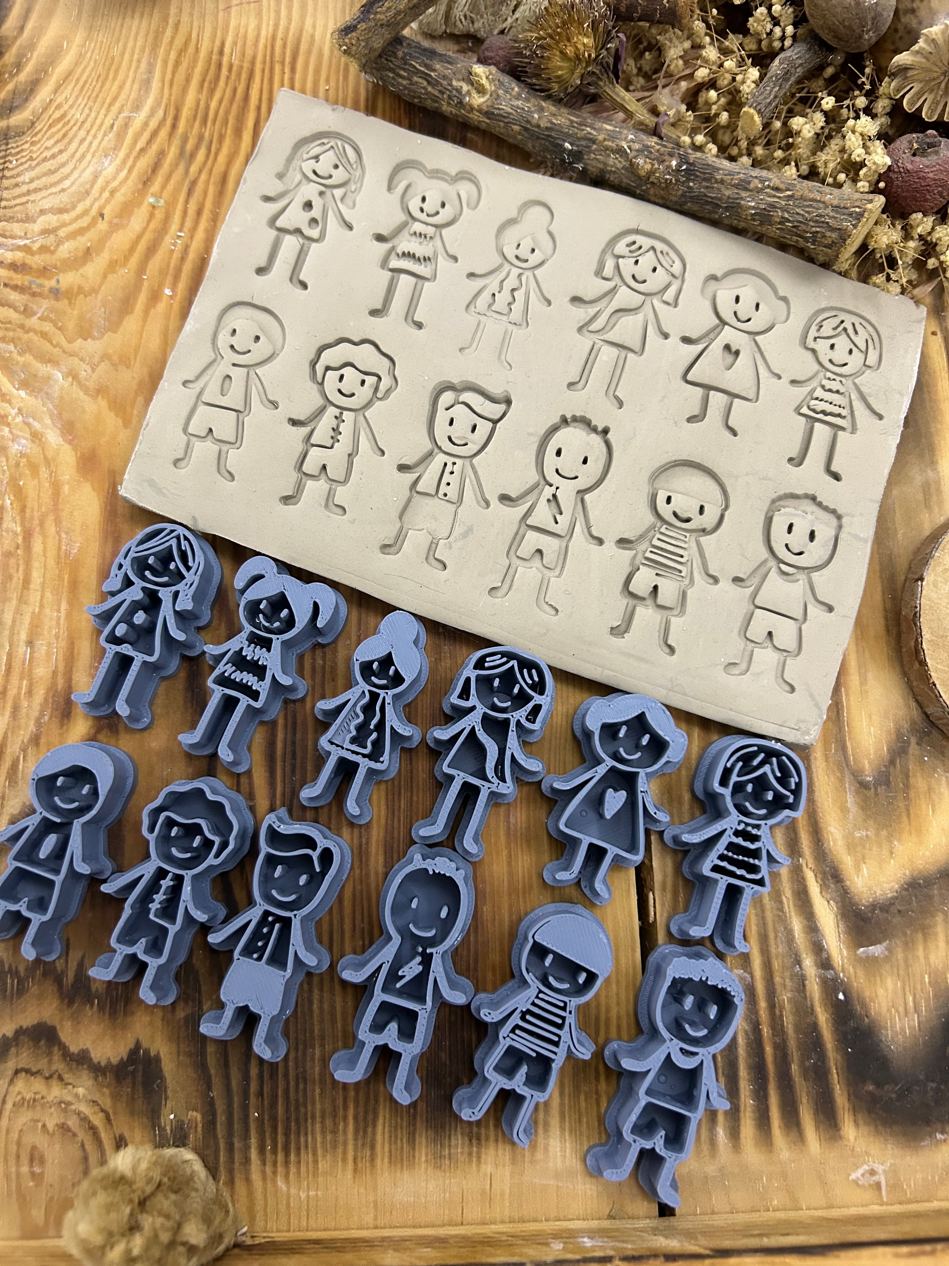 12 Doodle Friends Stamp Set – 12 Cute Boy & Girl Stamps for Polymer Clay, Air Dry Clay, Soap, Wax And Cookie Dough